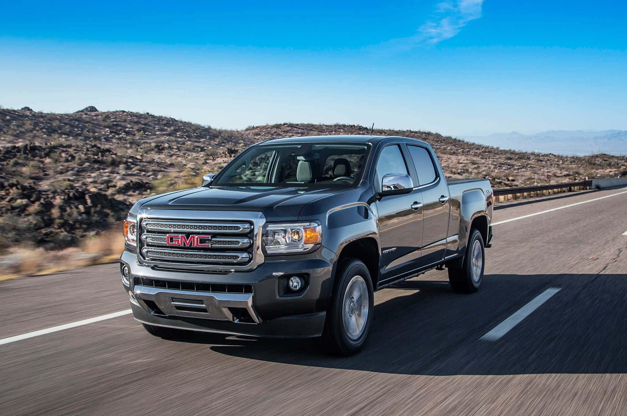 GMC Canyon, black, desert highway, Full HD Desktop Wallpaper