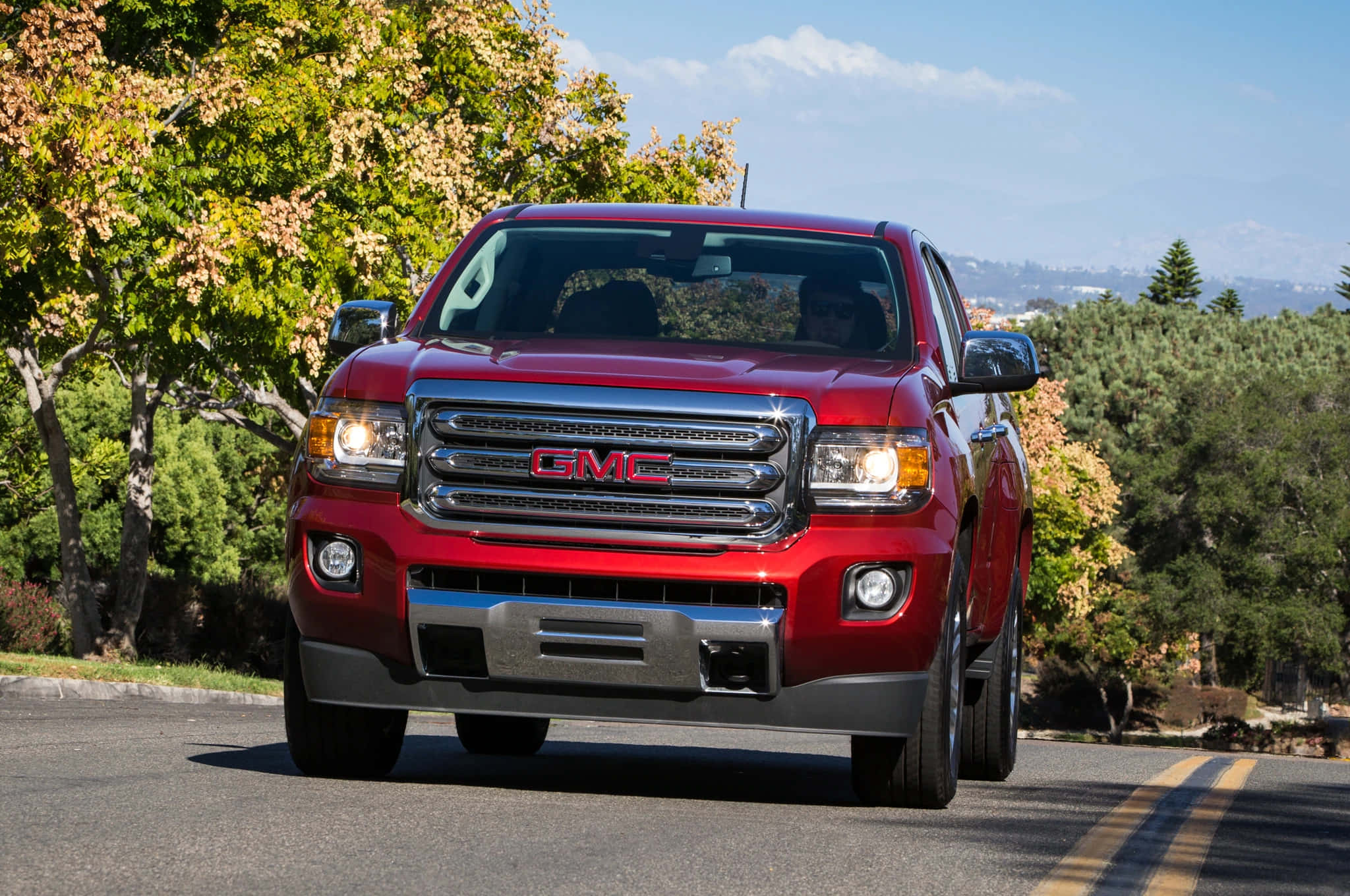 GMC Canyon, shiny red, tree-lined road, Full HD Desktop Wallpaper