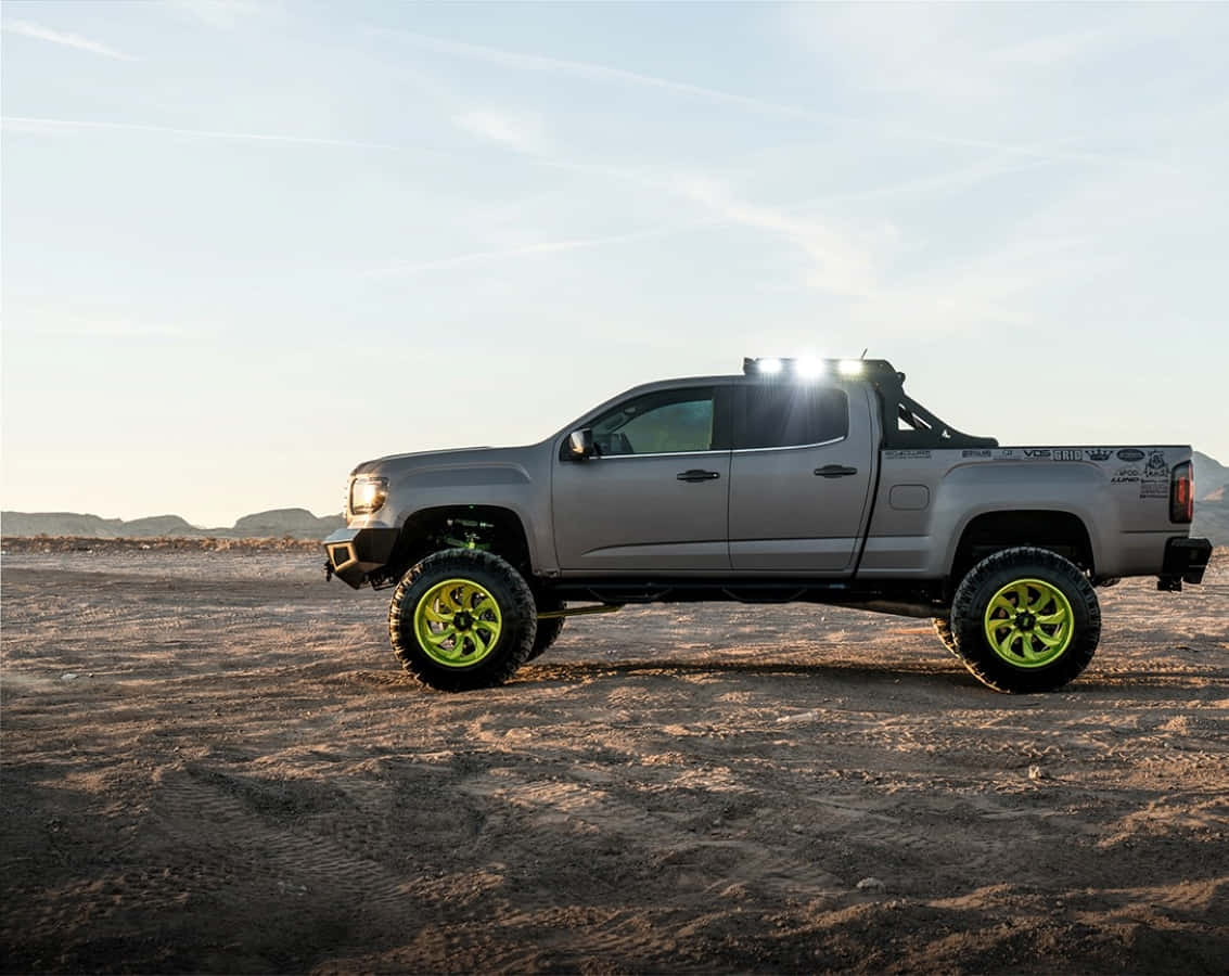 GMC Canyon, lifted gray pickup truck, neon green wheels, SD Desktop Wallpaper
