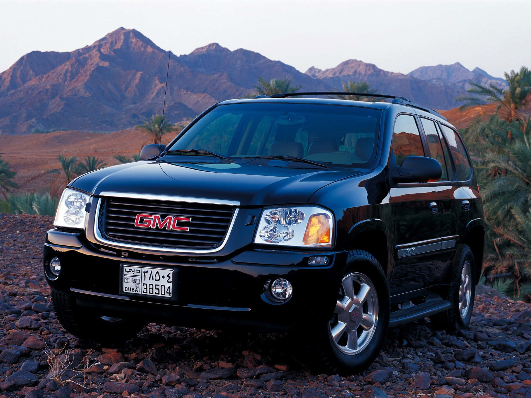 GMC Envoy, glossy black, rocky desert terrain, Full HD Desktop Wallpaper