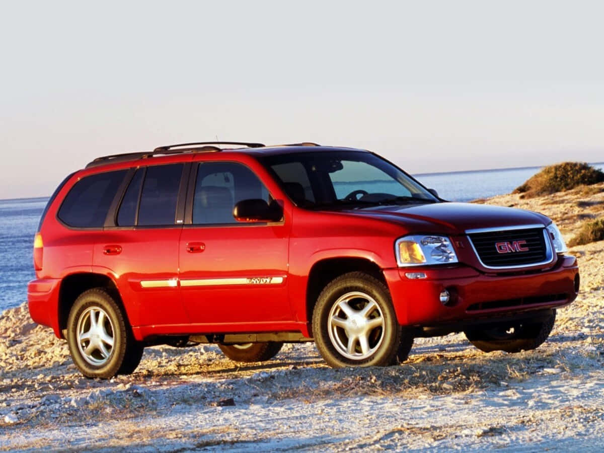 GMC Envoy, glossy red, sunlit beach, SD Desktop Wallpaper