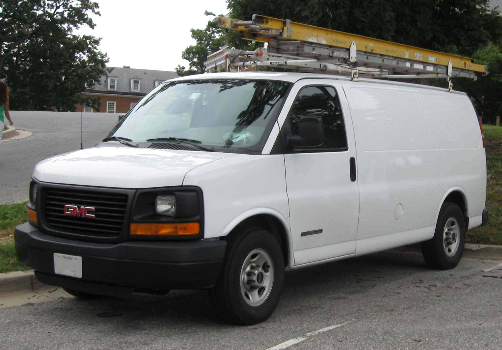 GMC Savana 1998, white, yellow ladder, Full HD Desktop Wallpaper