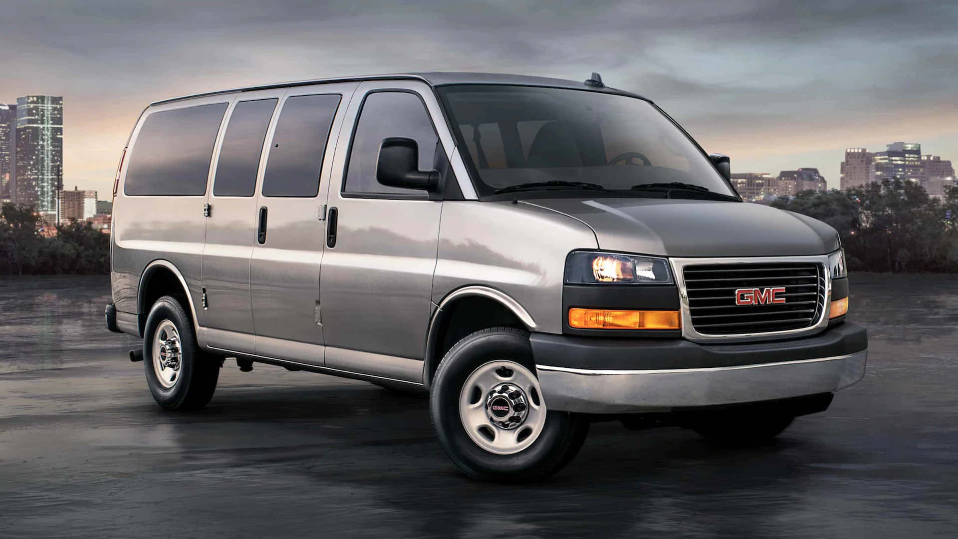 GMC Savana, silver, wet pavement, Full HD Desktop Wallpaper