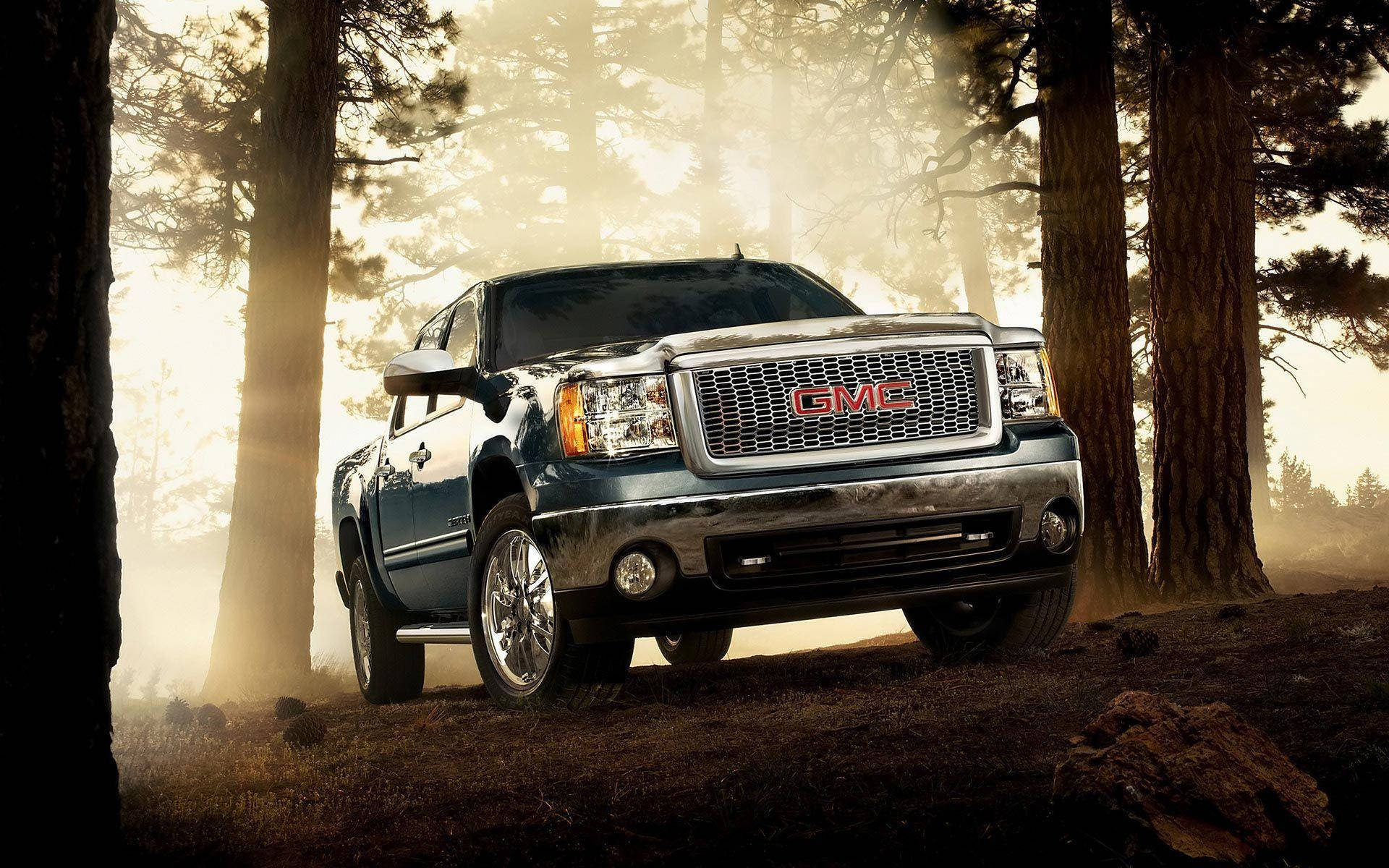 GMC Sierra, blue, pine trees, Full HD Desktop Wallpaper