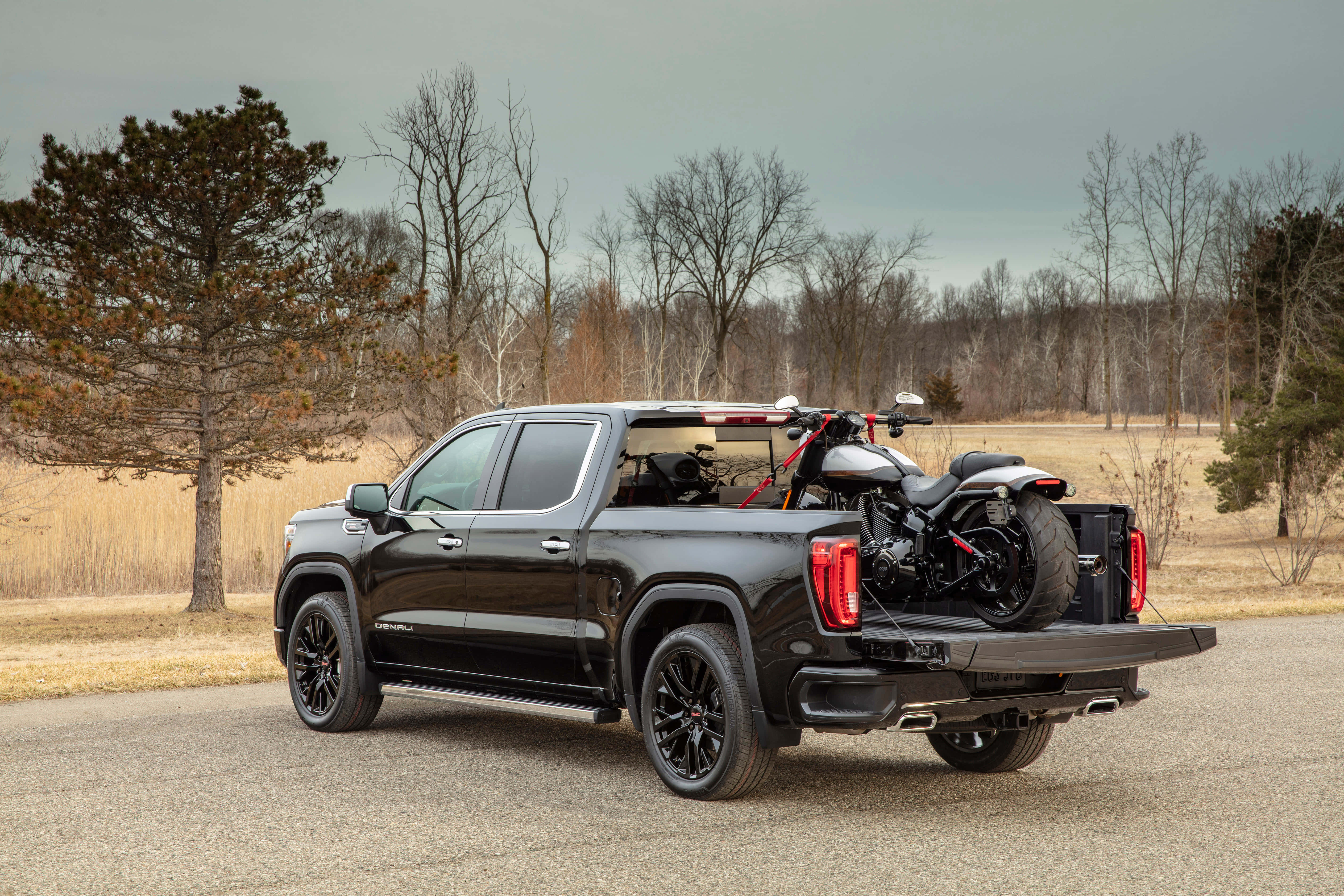 GMC Sierra 5700 X 3800, black pickup truck, motorcycle strapped to its bed, 5K Desktop Wallpaper