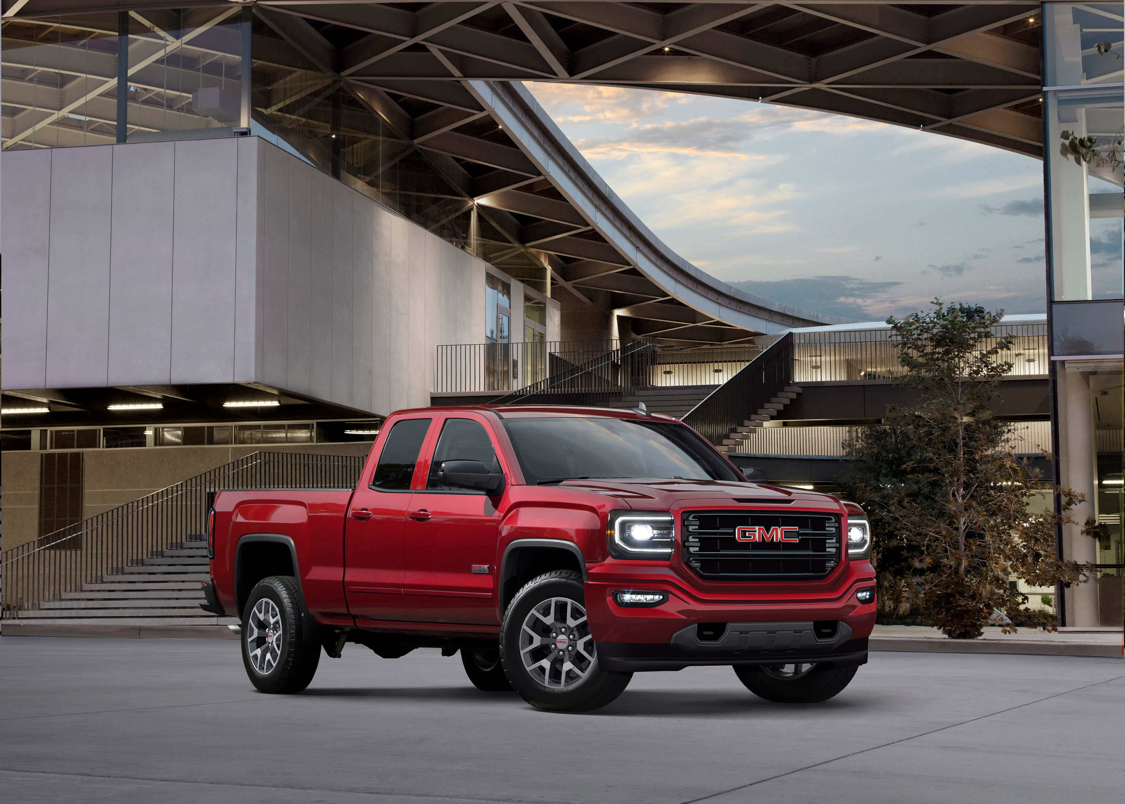 GMC Sierra, glossy red, twilight, 2K Desktop Wallpaper