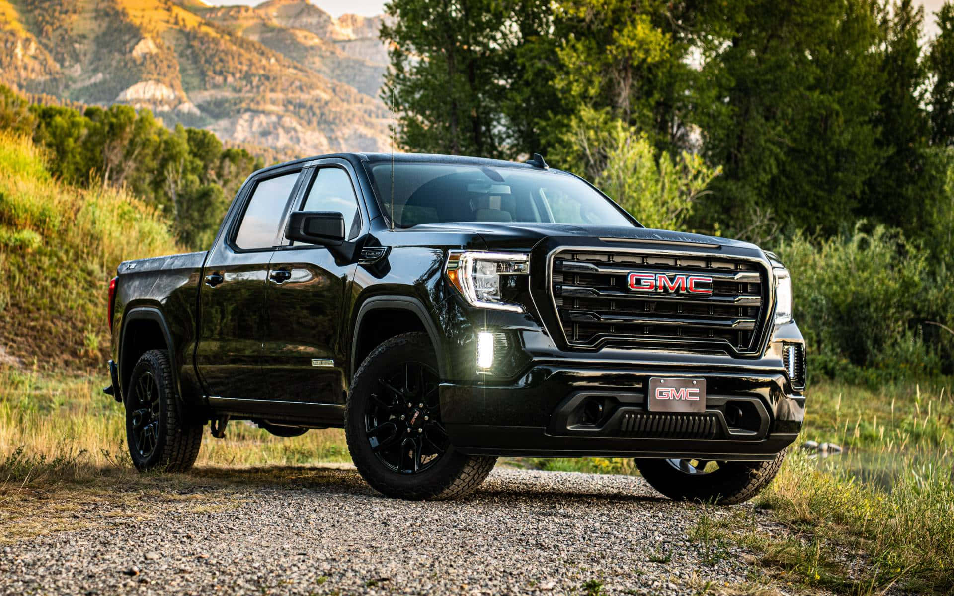 GMC Sierra, black, gravel path, Full HD Desktop Wallpaper