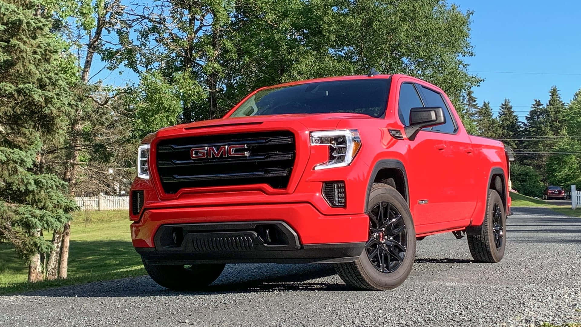 GMC Sierra, vibrant red, gravel driveway, Full HD Desktop Wallpaper
