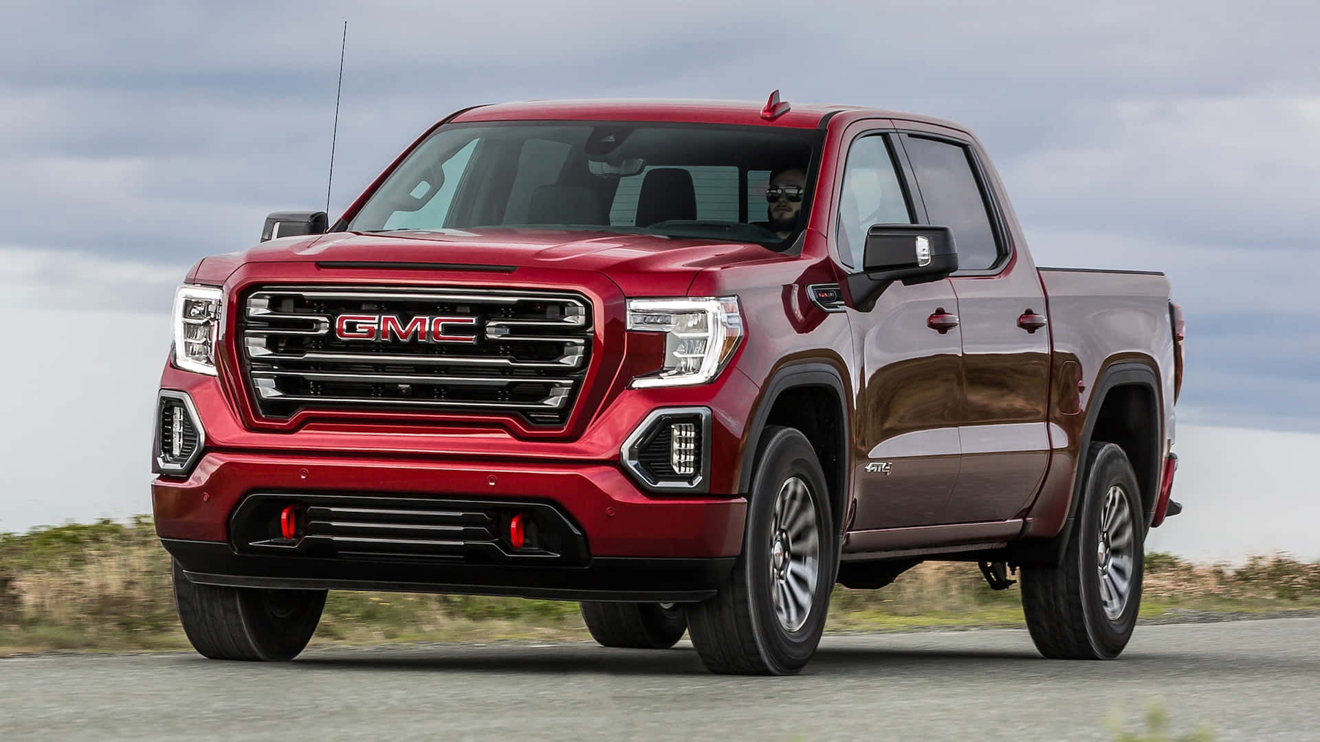 GMC Sierra, glossy red, paved road, Full HD Desktop Wallpaper