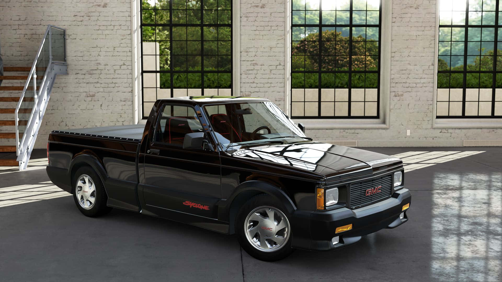 GMC Syclone, glossy black, industrial warehouse, Full HD Desktop Wallpaper