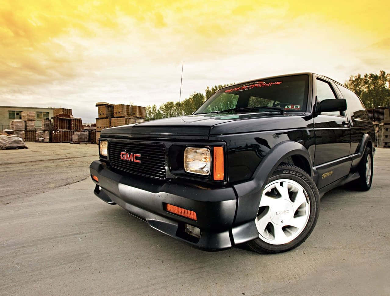 GMC Syclone, black, golden sunset sky, SD Desktop Wallpaper