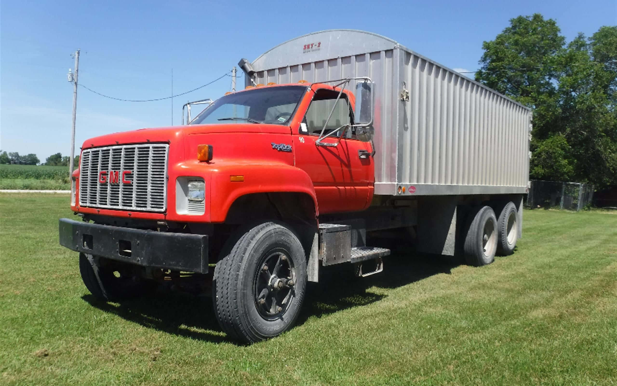 GMC Topkick, bright red, silver grain trailer, 2K Desktop Wallpaper