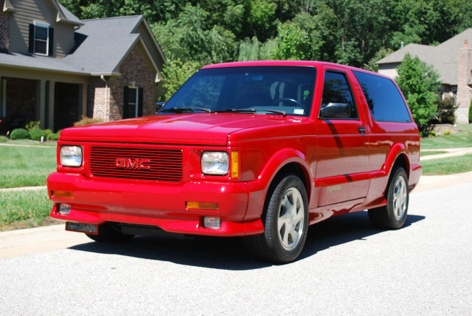 GMC Typhoon, vibrant red, suburban street, HD Desktop Wallpaper