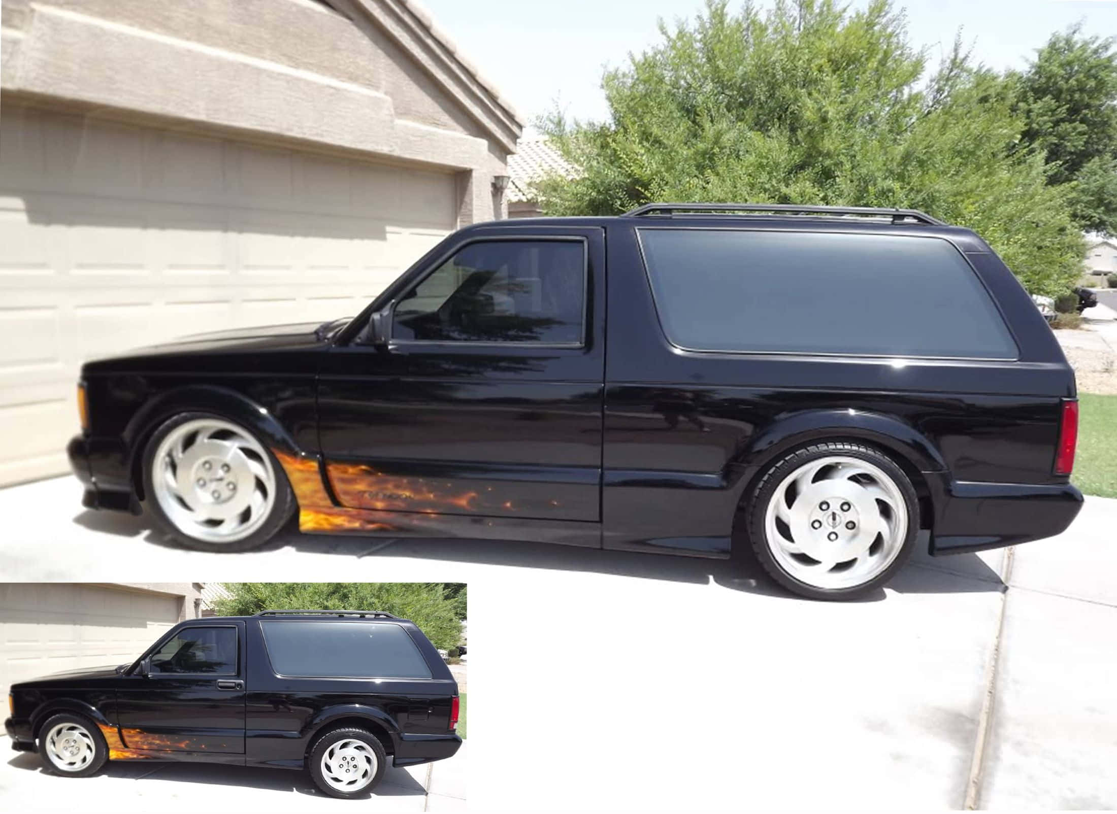 GMC Typhoon, glossy black, fiery orange flame decals, Full HD Desktop Wallpaper
