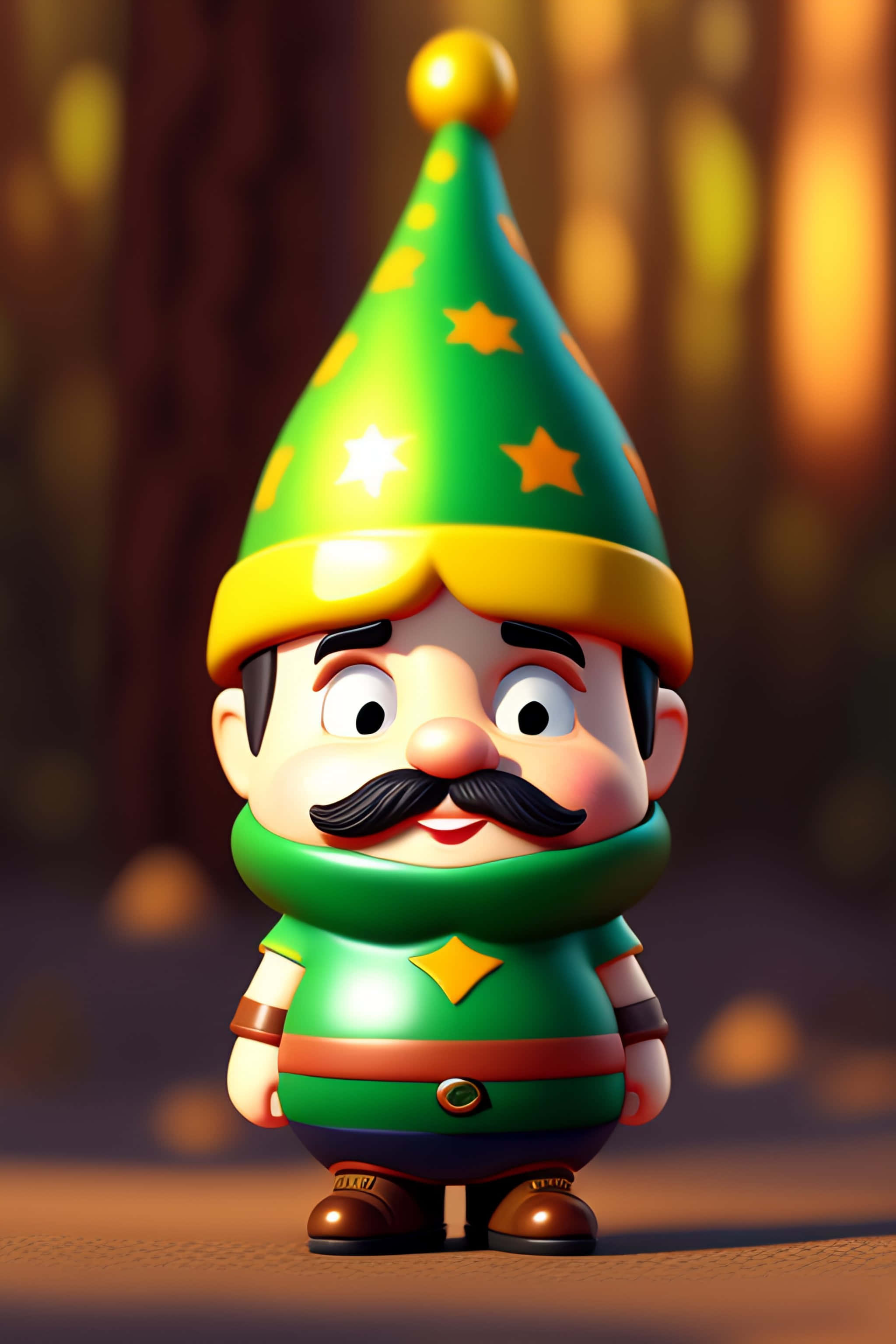 colorful garden gnome, 3d-rendered elf, green star hat, 2K Phone Wallpaper
