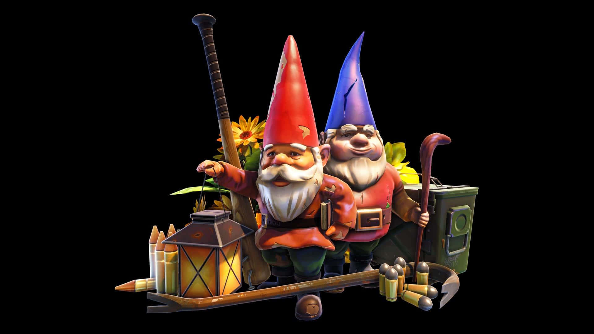 garden gnomes, wooden trolley, red and blue hats, Full HD Desktop Wallpaper