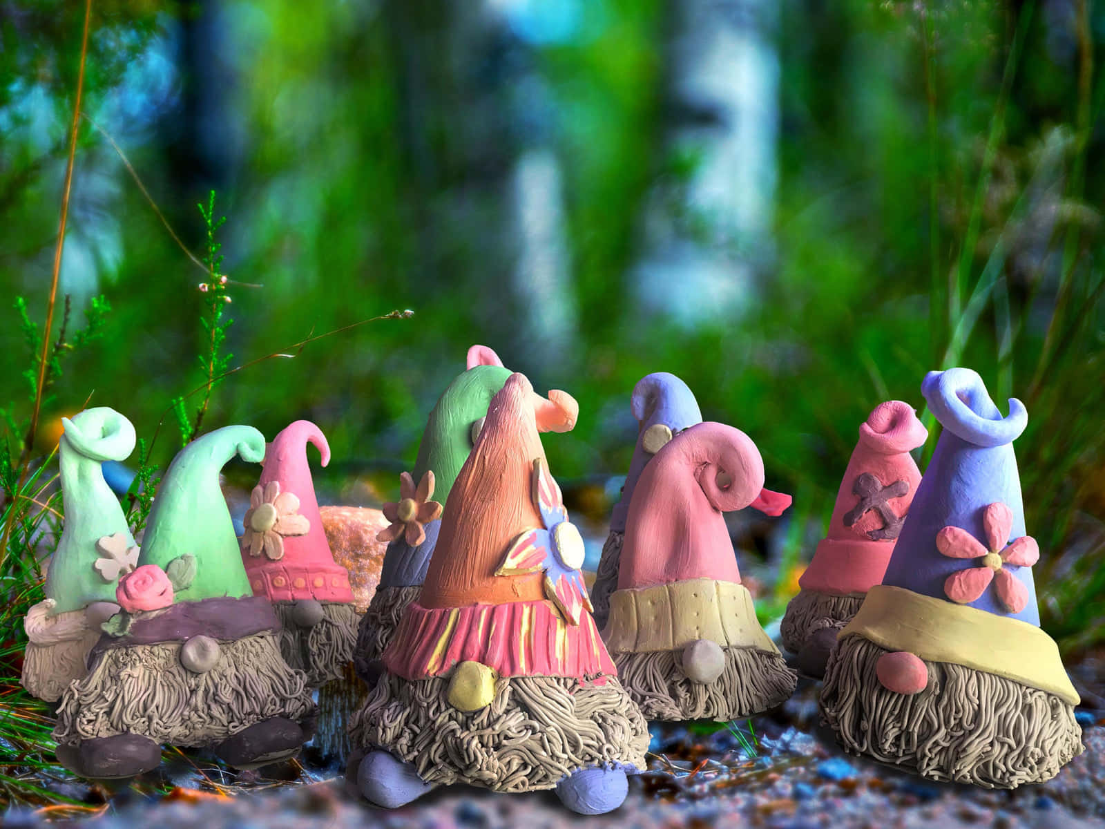 enchanted garden gnomes, colorful ceramic garden gnomes, floral hats, HD Desktop Wallpaper