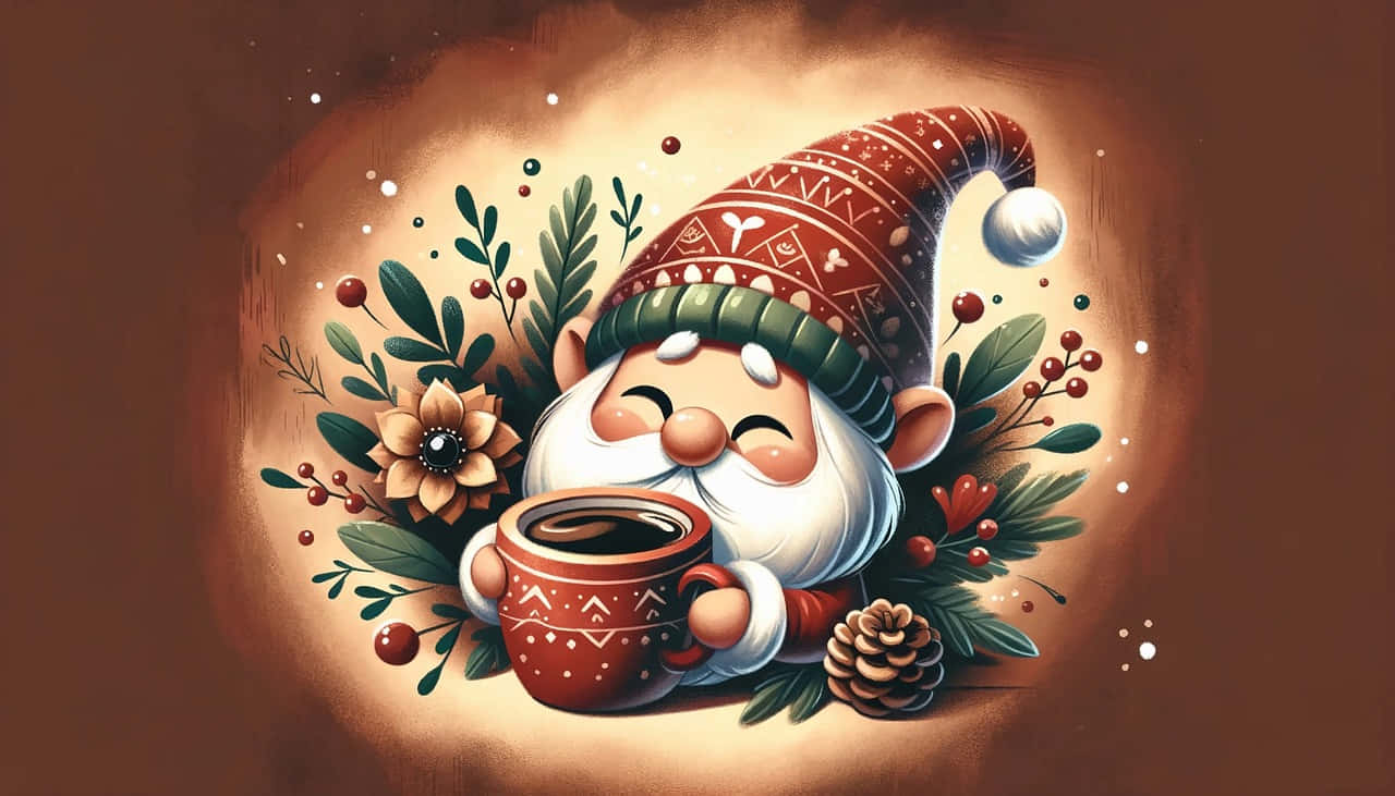 cozy winter gnome, patterned hat, coffee, HD Desktop Wallpaper