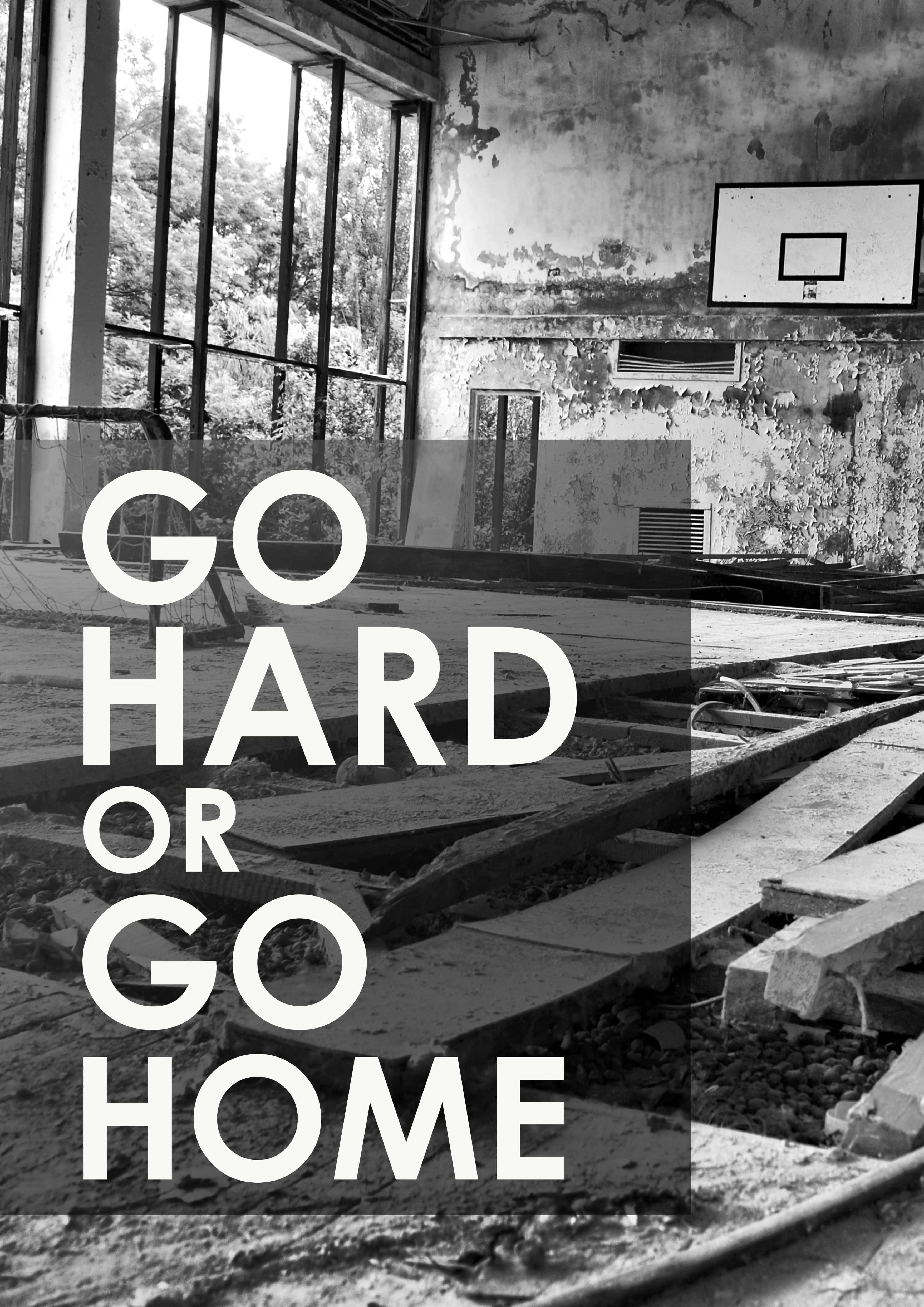 Go Hard Or Go Home, black and white photo, dilapidated indoor basketball court, 4K Phone Wallpaper