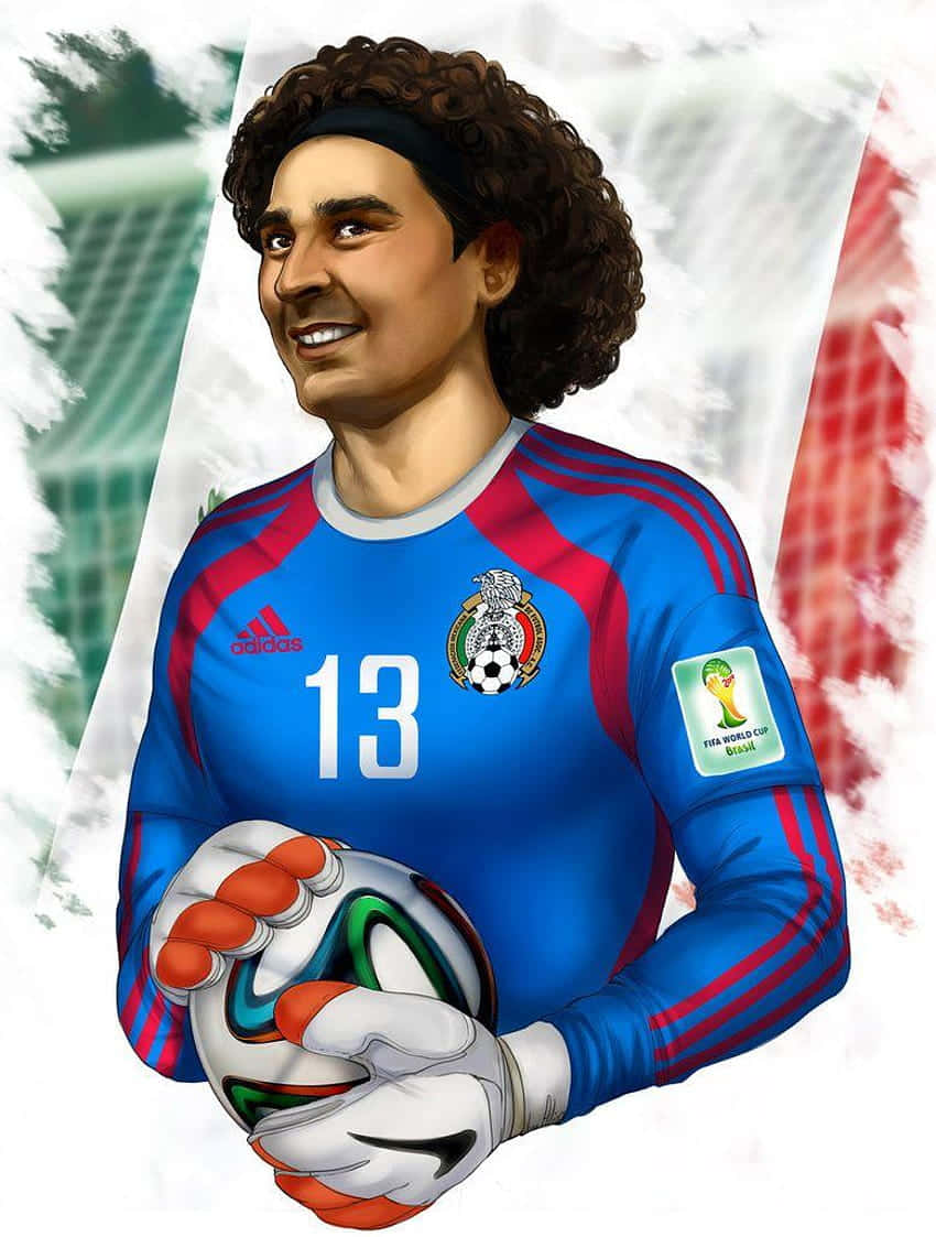 Mexican soccer goalkeeper, blue jersey number 13, World Cup ball, SD Phone Wallpaper