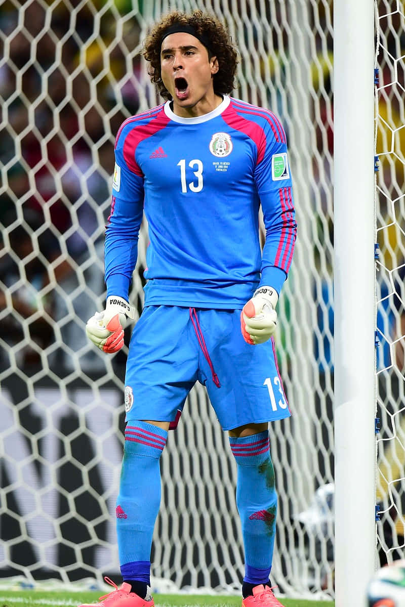Mexican soccer goalkeeper, blue uniform, number 13, SD Phone Wallpaper