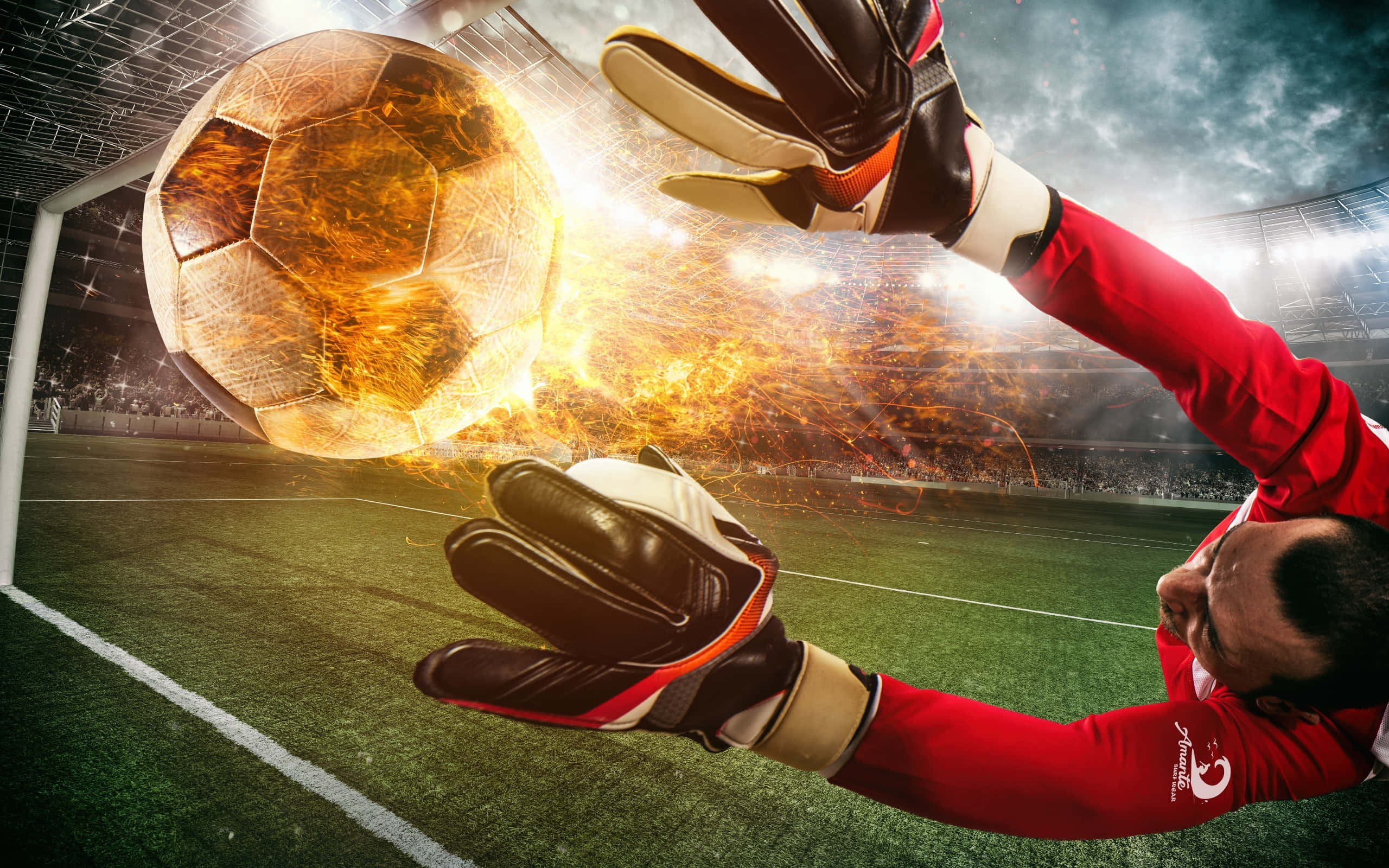 Agile Goalkeeper, red, fiery glowing ball, 2K Desktop Wallpaper