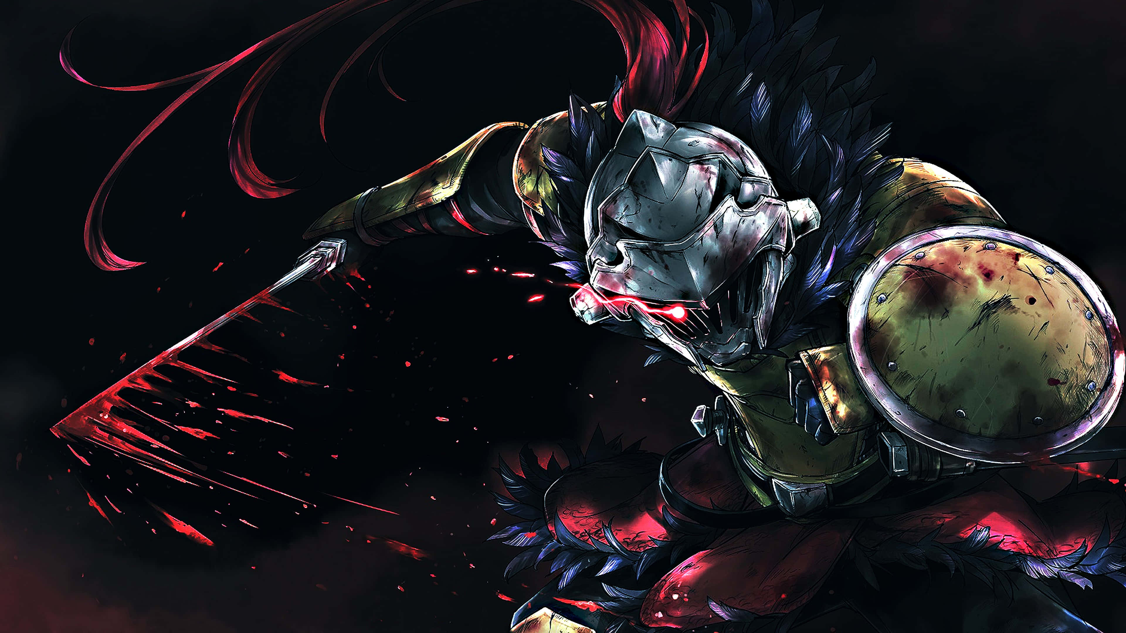 Goblin Slayer, glowing red sword, dark swirling energy, 4K Desktop Wallpaper
