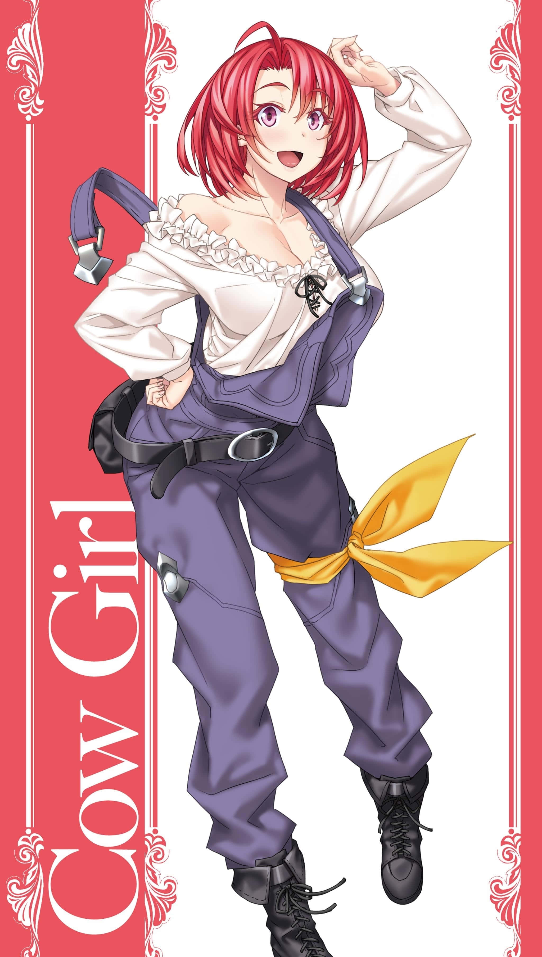 Goblin Slayer Cow Girl, red hair, purple overalls, 2K Phone Wallpaper