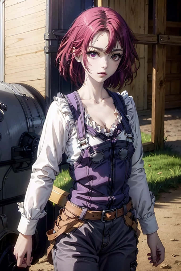 Goblin Slayer Cow Girl, magenta hair, wooden building, SD Phone Wallpaper