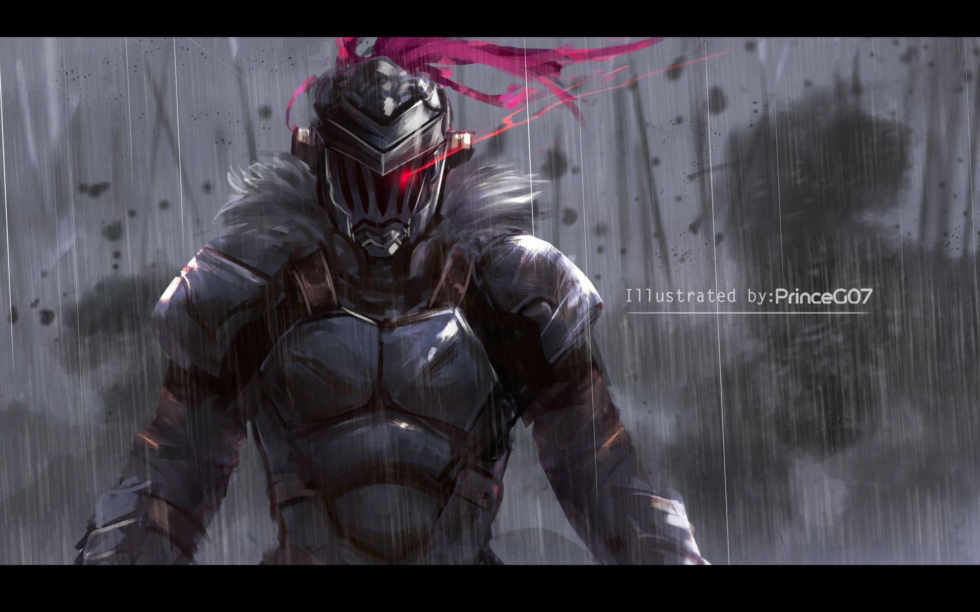 Goblin Slayer, glowing red eyes, pink hair, Full HD Desktop Wallpaper