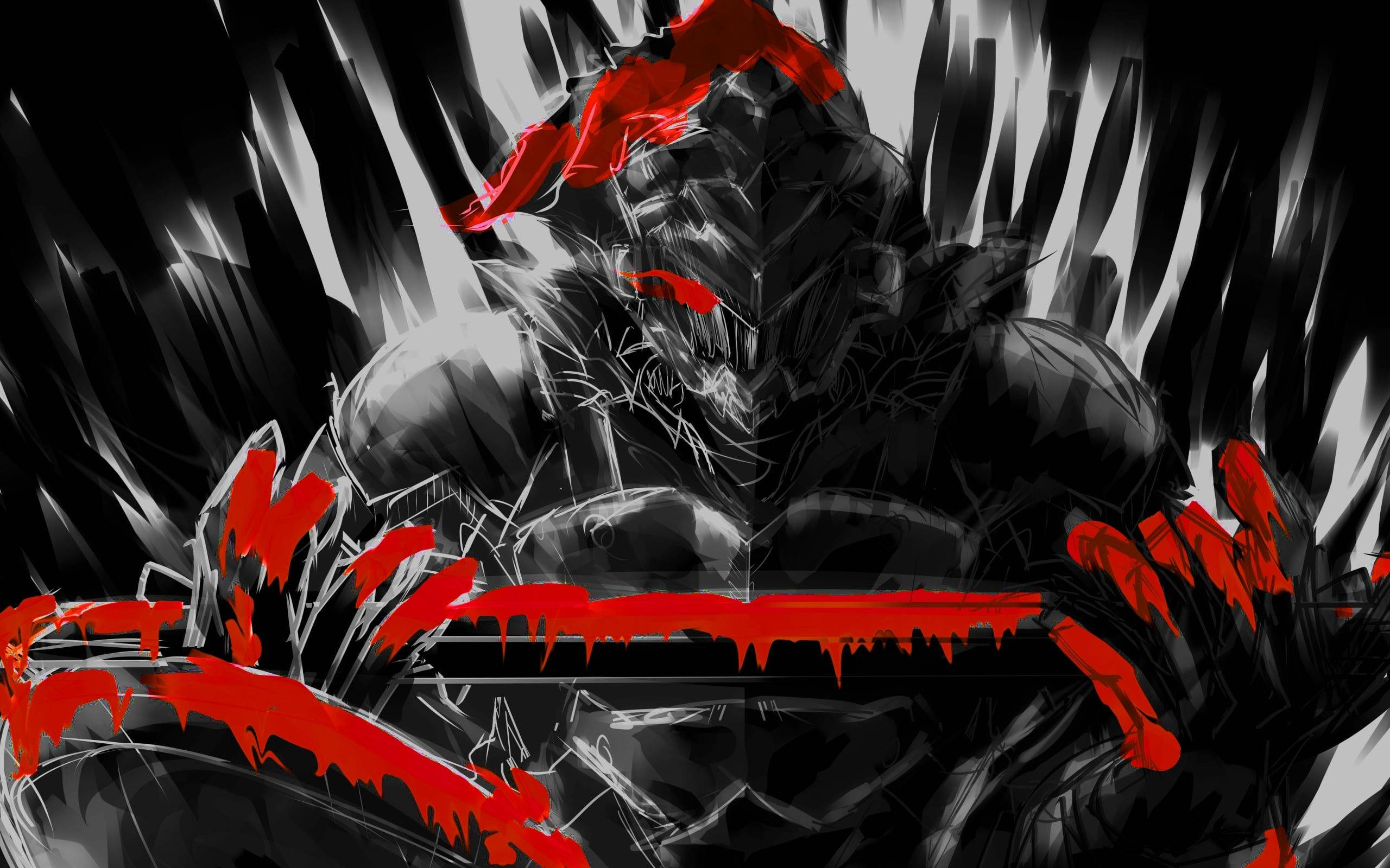 Goblin Slayer, red blood, glowing red eyes, 2K Desktop Wallpaper