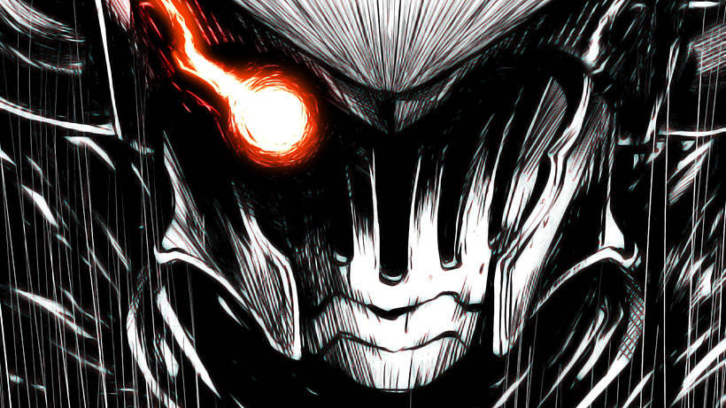 Goblin Slayer, glowing red eye, sharp angular features, SD Desktop Wallpaper