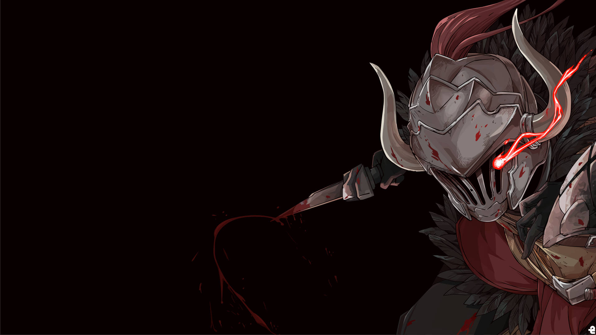 Goblin Slayer, horned armor, glowing red eyes, Full HD Desktop Wallpaper