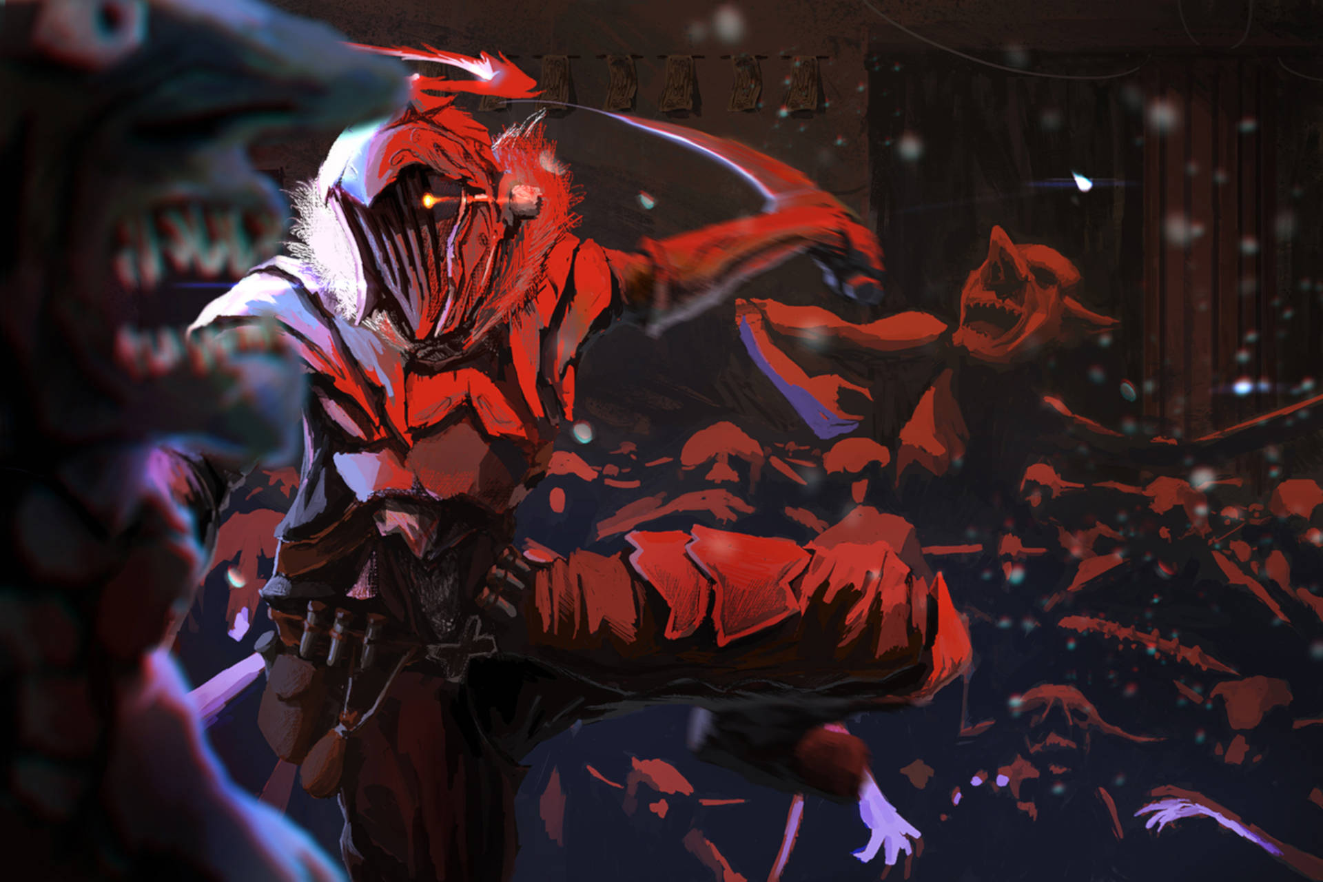 Goblin Slayer, red-armored warrior, horde of approaching goblins, Full HD Desktop Wallpaper