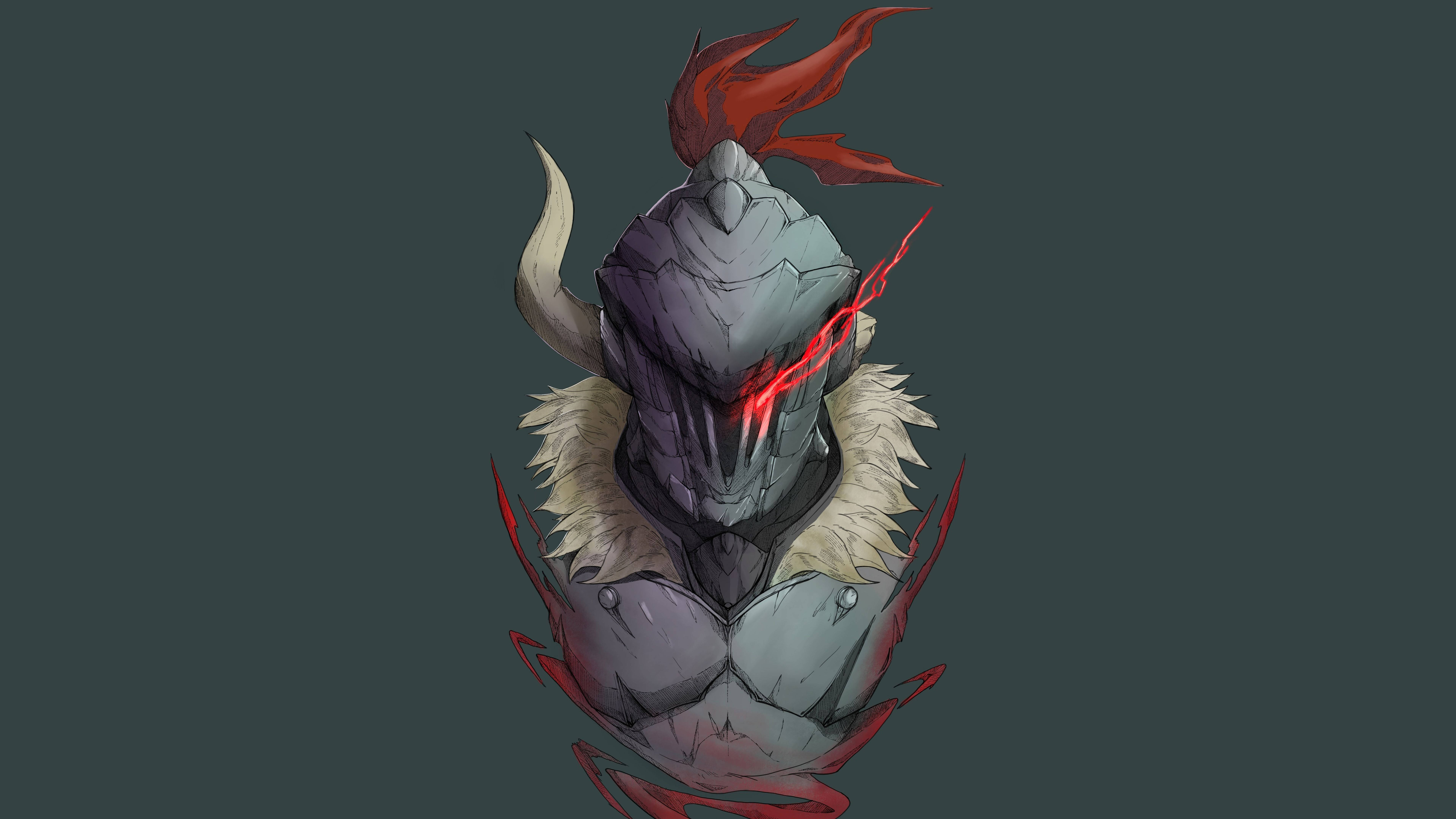 Goblin Slayer, red glowing cracks, flowing red hair, 8K Desktop Wallpaper