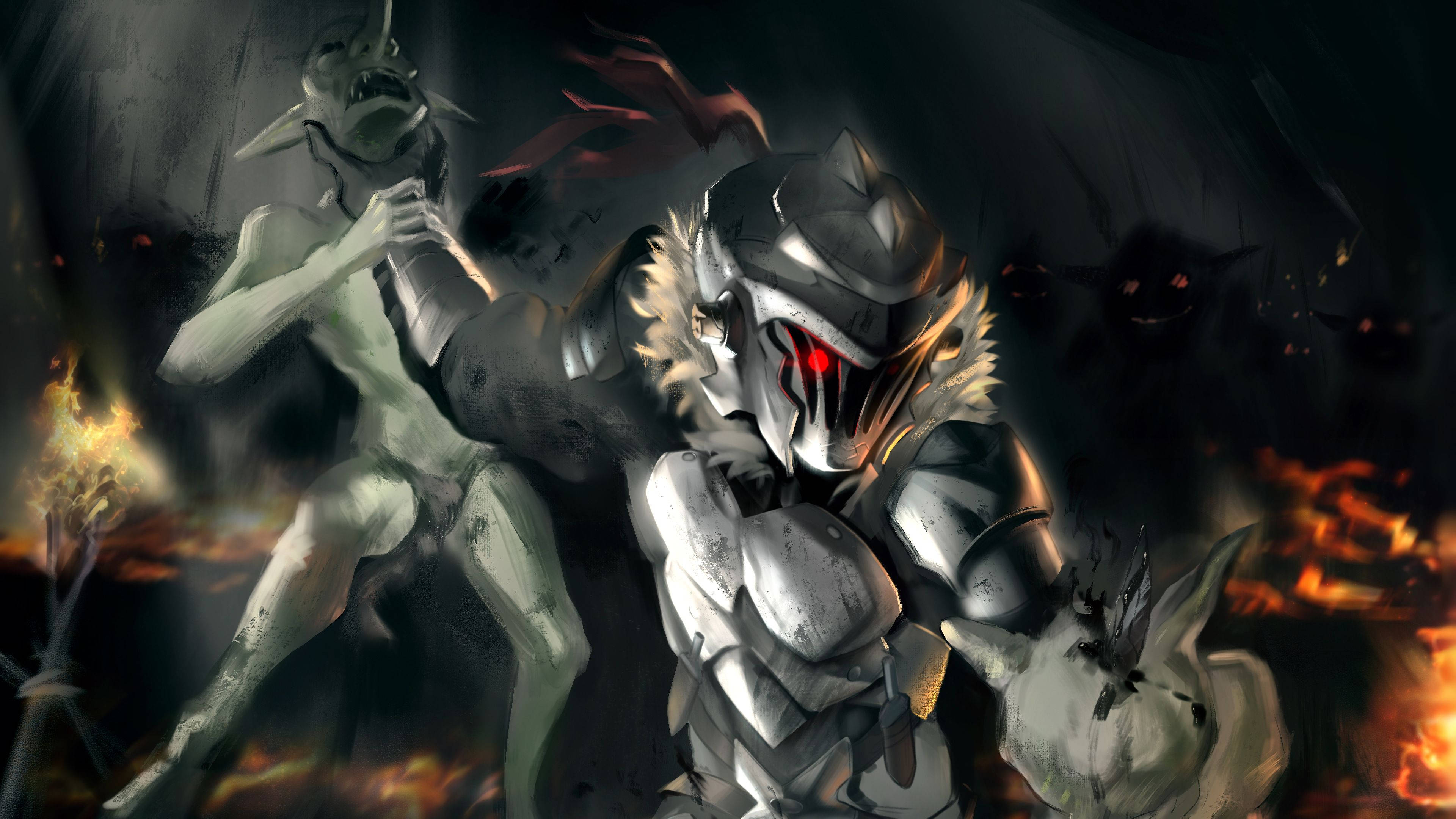 Goblin Slayer, silver armor, glowing red eyes, 4K Desktop Wallpaper