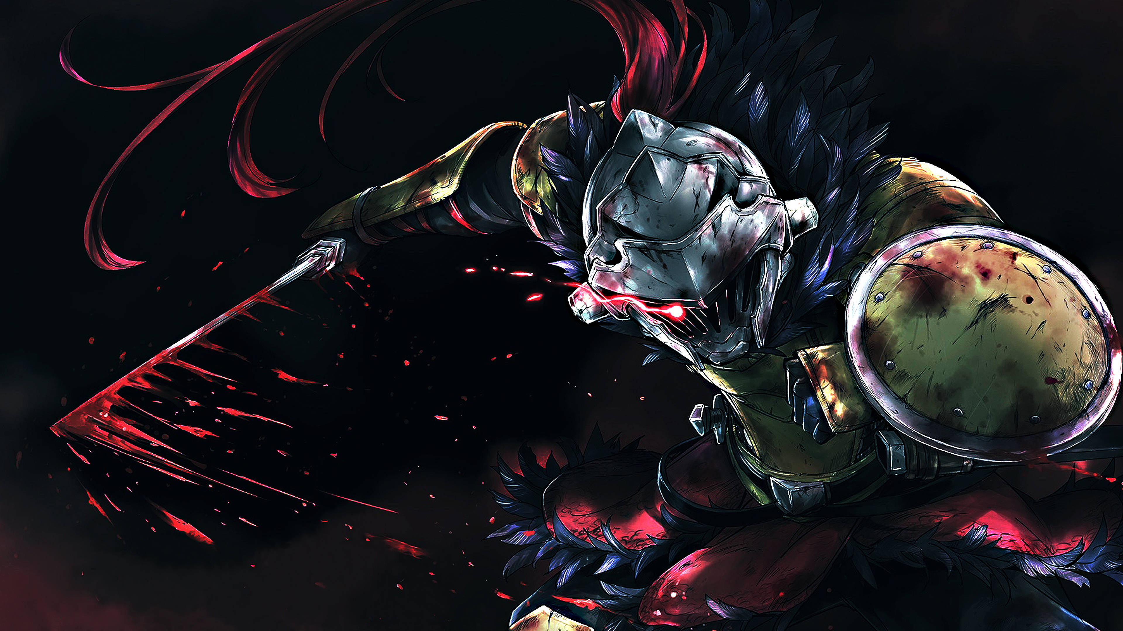 Goblin Slayer, yellow armor, glowing red blade, 4K Desktop Wallpaper