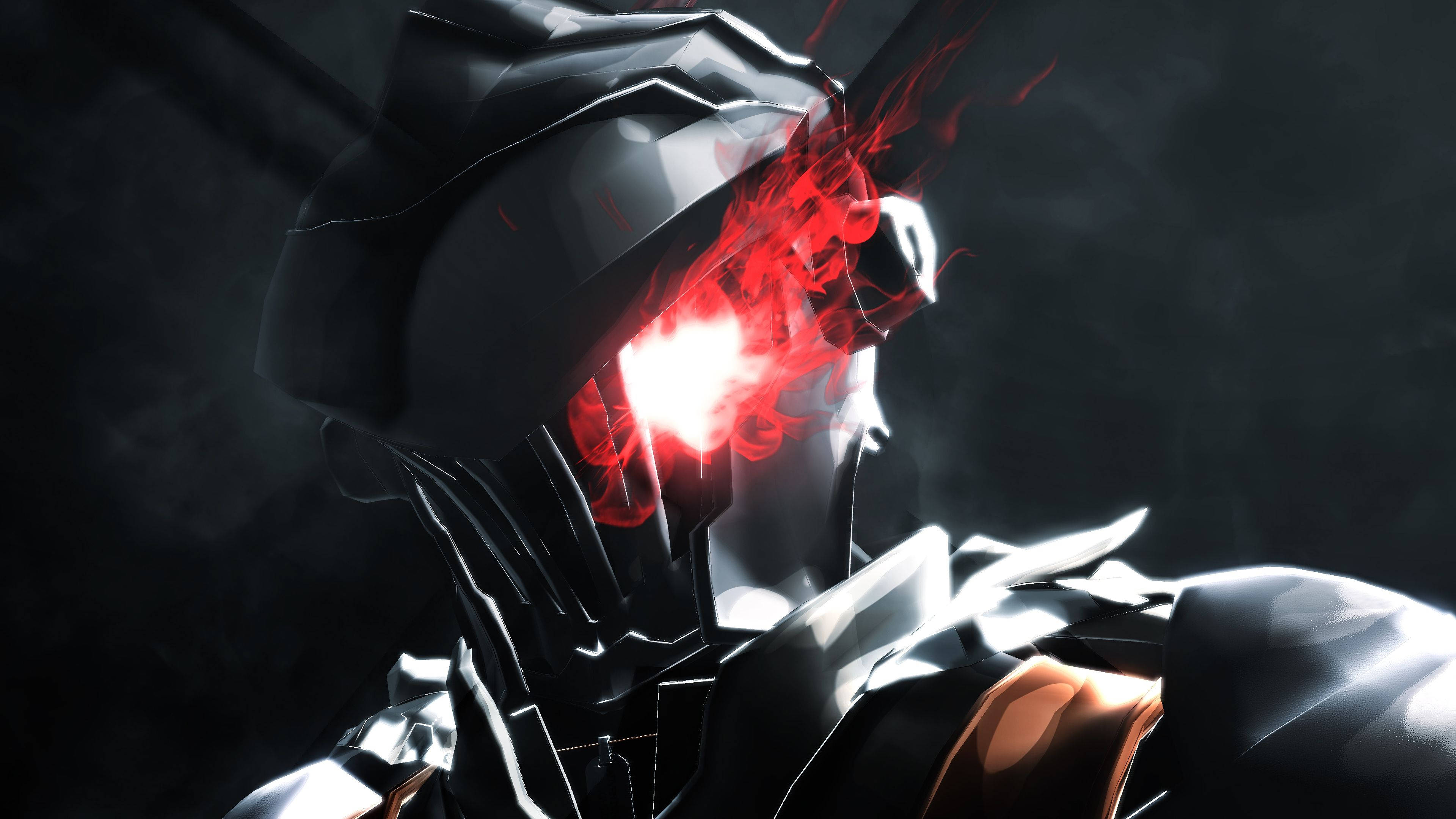 Goblin Slayer, dark armored figure, glowing red eyes, 4K Desktop Wallpaper