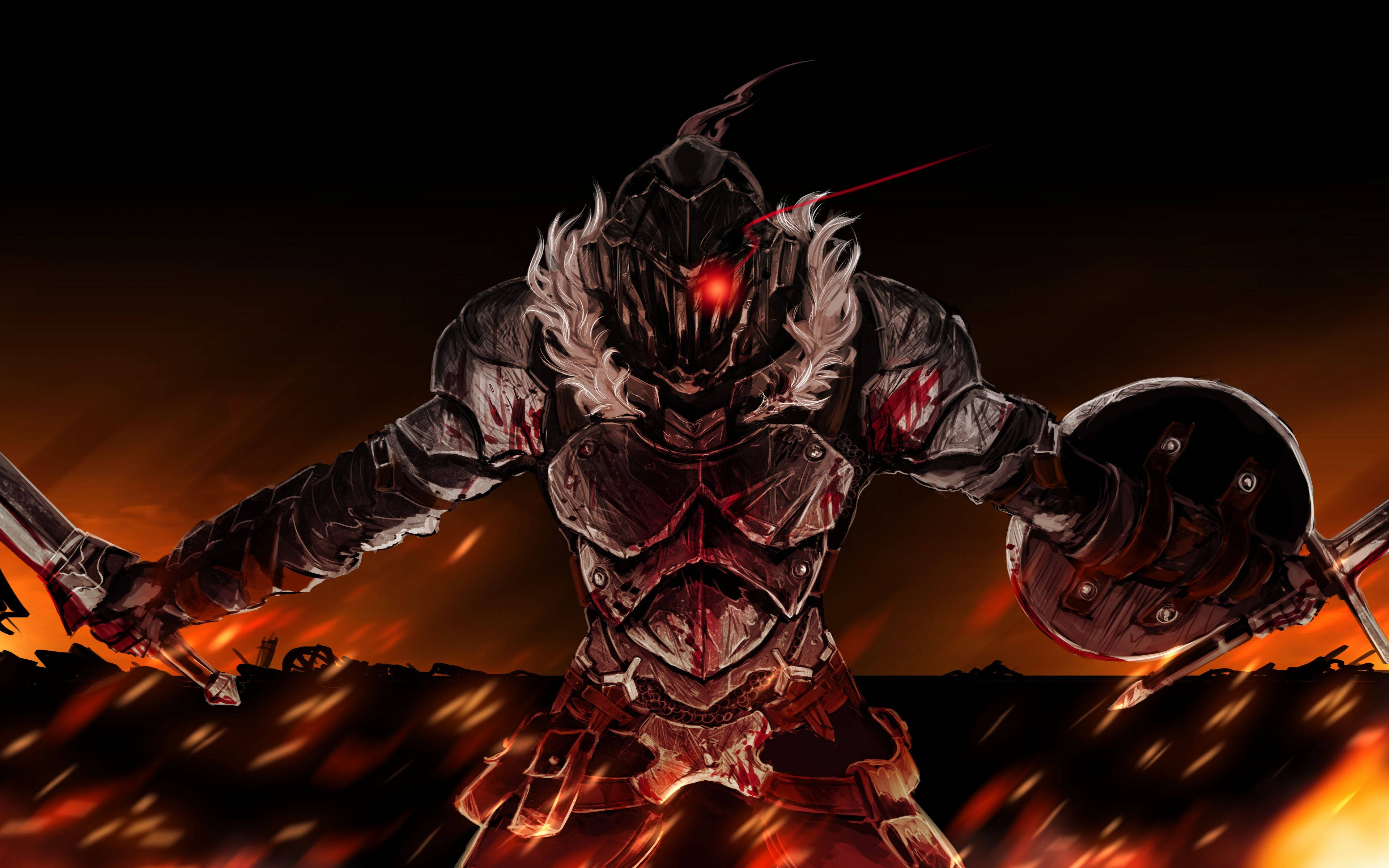 Goblin Slayer, fire, glowing red eyes, 4K Desktop Wallpaper