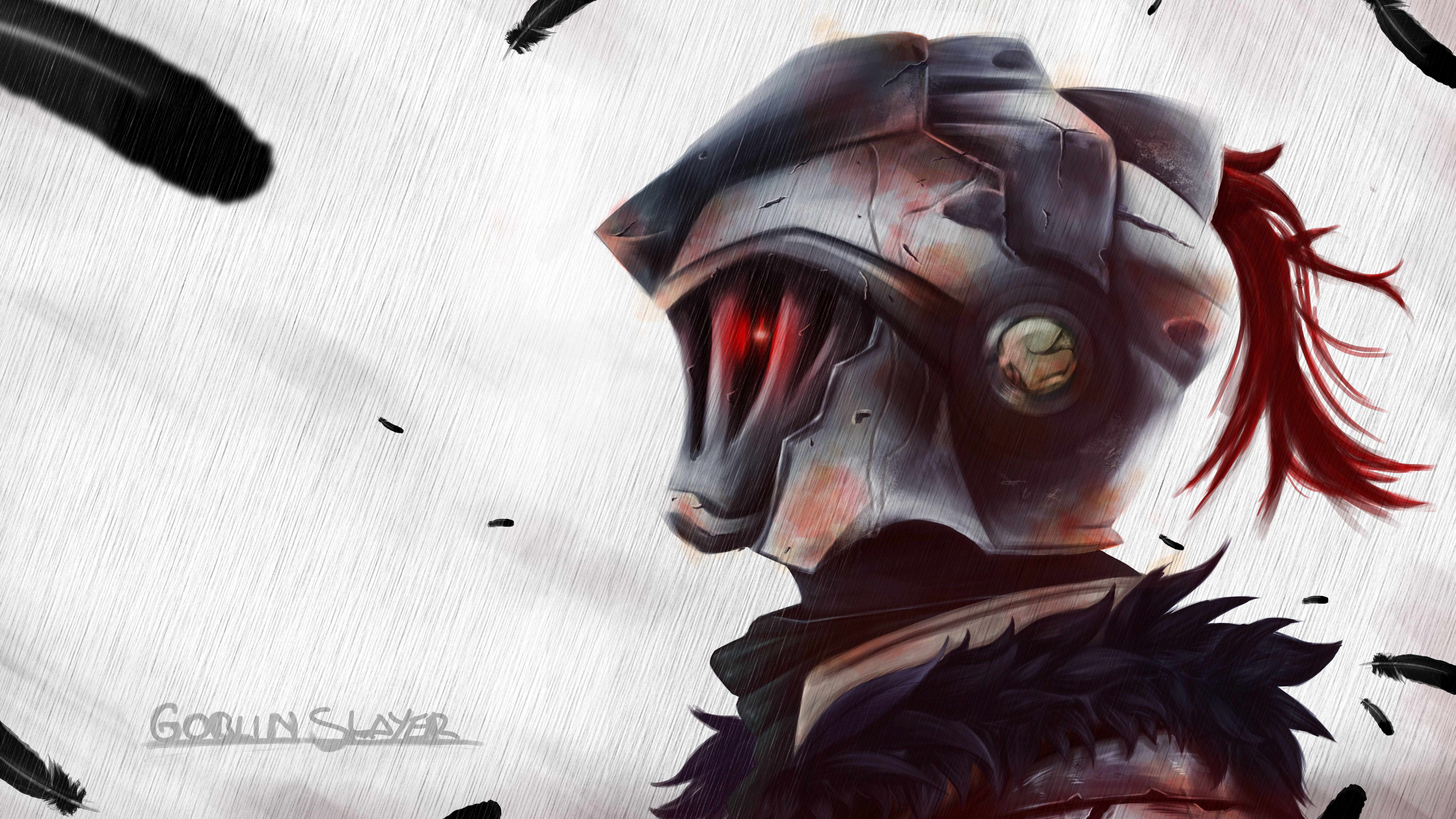 Goblin Slayer, cracked helmet, glowing red eyes, 8K Desktop Wallpaper