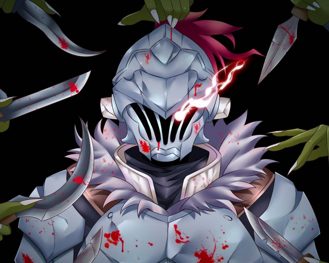 Goblin Slayer, silver armor, glowing red eyes, HD Desktop Wallpaper
