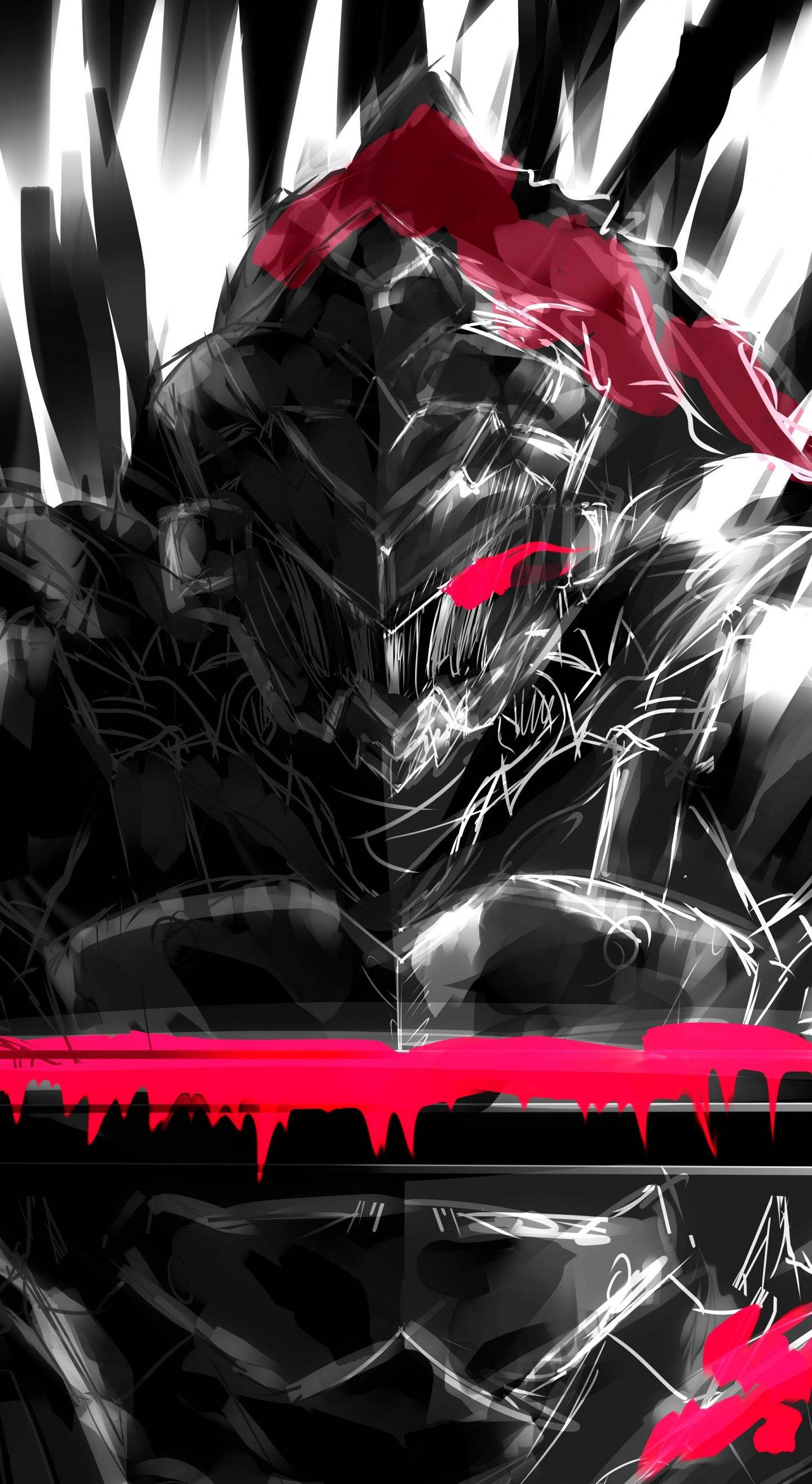 Goblin Slayer, glowing red eyes, dripping crimson accents, 2K Phone Wallpaper