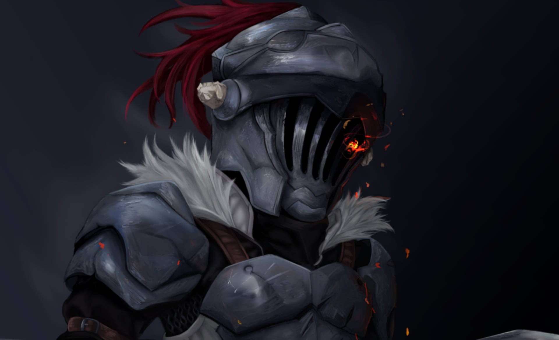 Goblin Slayer, dark armor, glowing red eyes, Full HD Desktop Wallpaper