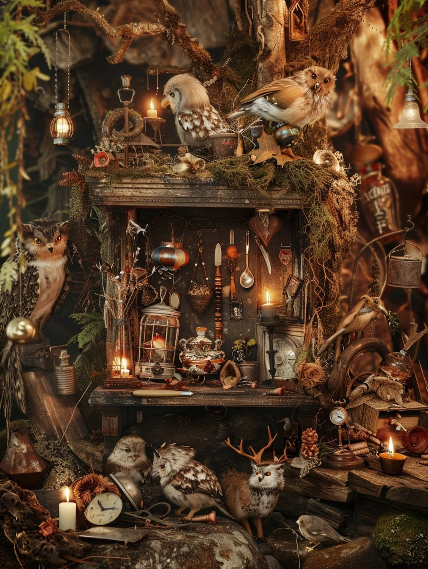 enchanted goblincore nook, mystical forest shrine, owls candles, Full HD Phone Wallpaper