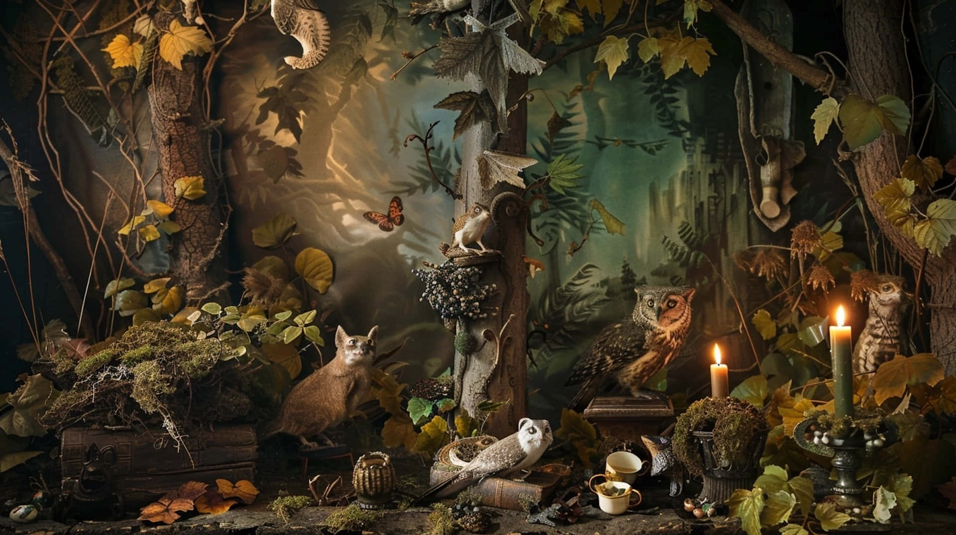 enchanted goblincore forest scene, mystical forest diorama, owls, Full HD Desktop Wallpaper
