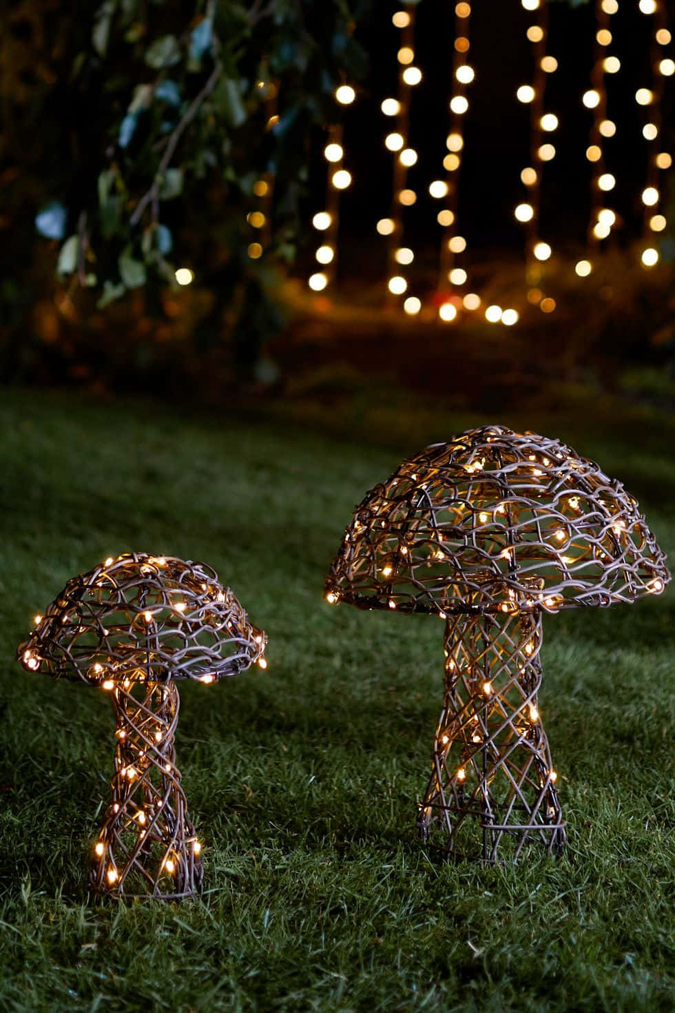 enchanted garden mushroom lights, wireframe mushroom sculptures, string lights, HD Phone Wallpaper