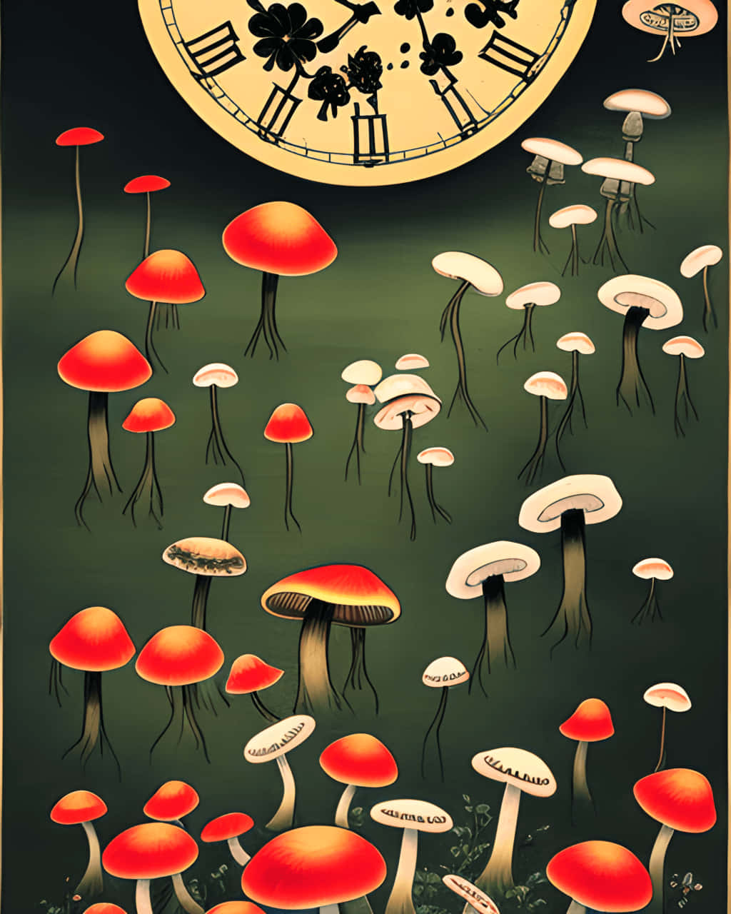 glowing red and white mushrooms, ornate clock face, black floral motifs, HD Phone Wallpaper