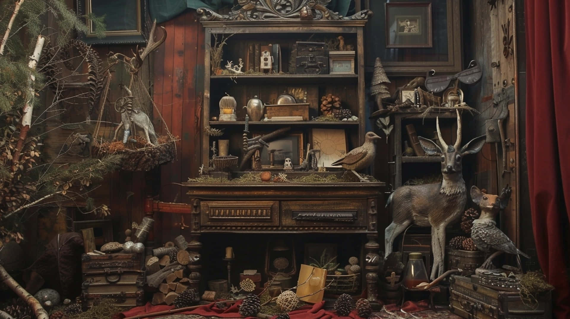 Goblincore, rustic cabin interior, taxidermy animals, Full HD Desktop Wallpaper