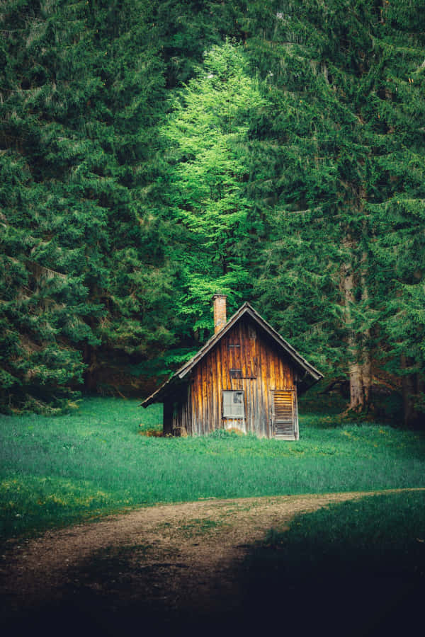 enchanted forest cabin, weathered wooden cabin, lush green meadow, SD Phone Wallpaper