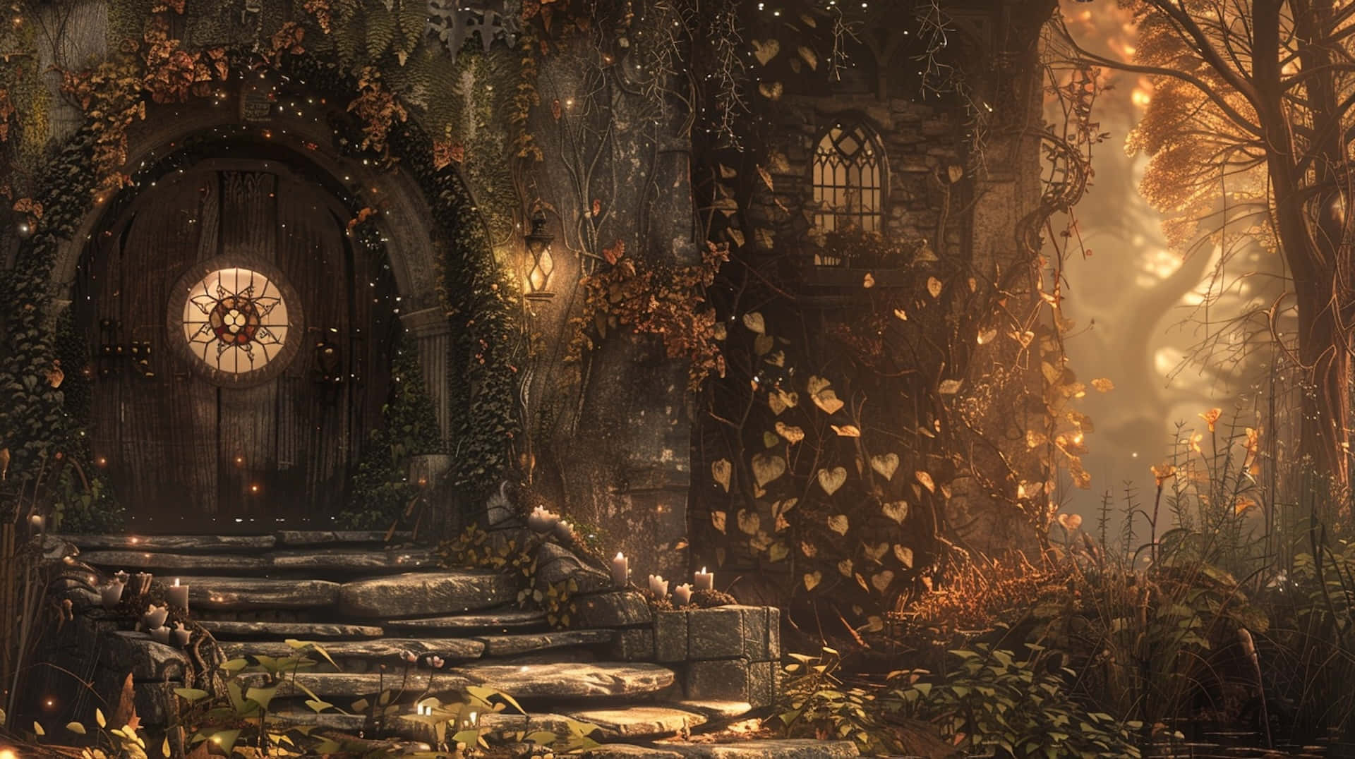 enchanted goblincore forest abode, stone cottage door, ivy, Full HD Desktop Wallpaper